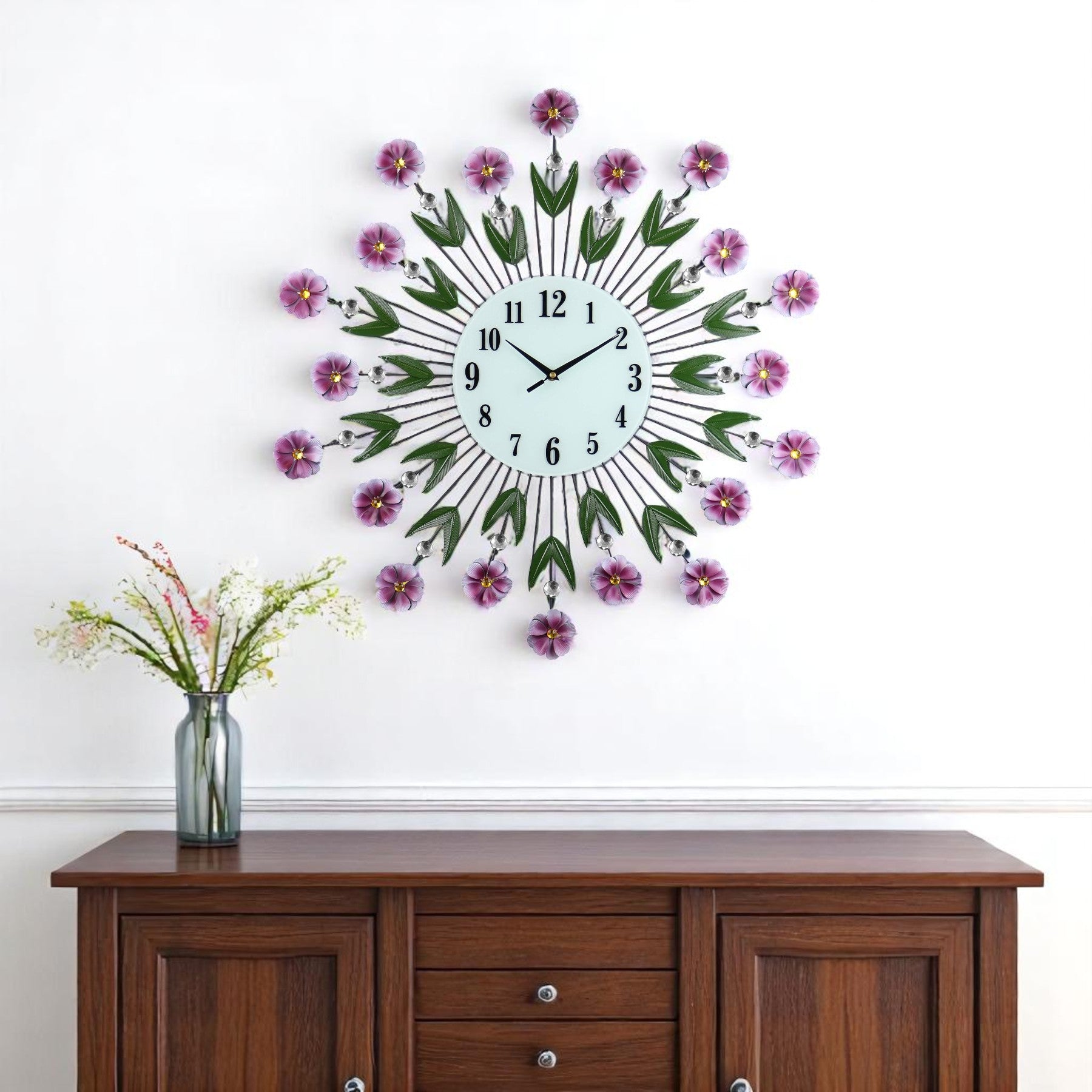 27" Purple Green And White Metal and Glass Silent Analog Floral Round Wall Clock