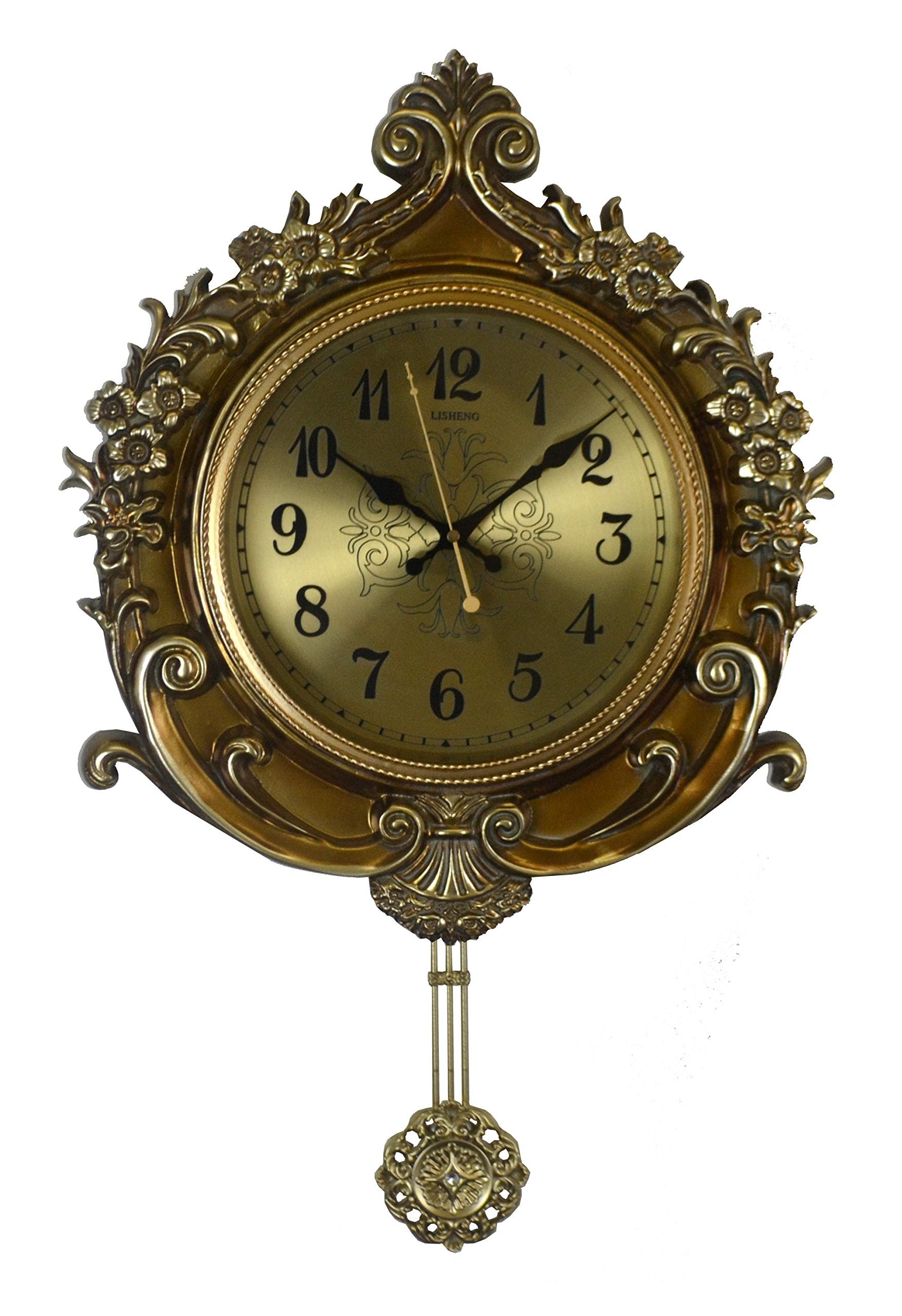 17" Gold And Black Resin Silent Pendulum Ornate Round Wall Clock