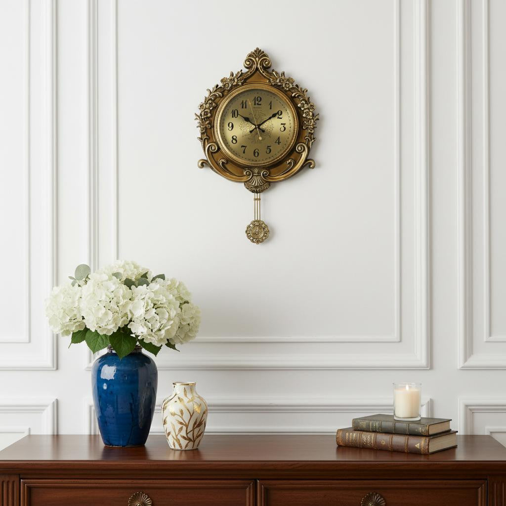 17" Gold And Black Resin Silent Pendulum Ornate Round Wall Clock