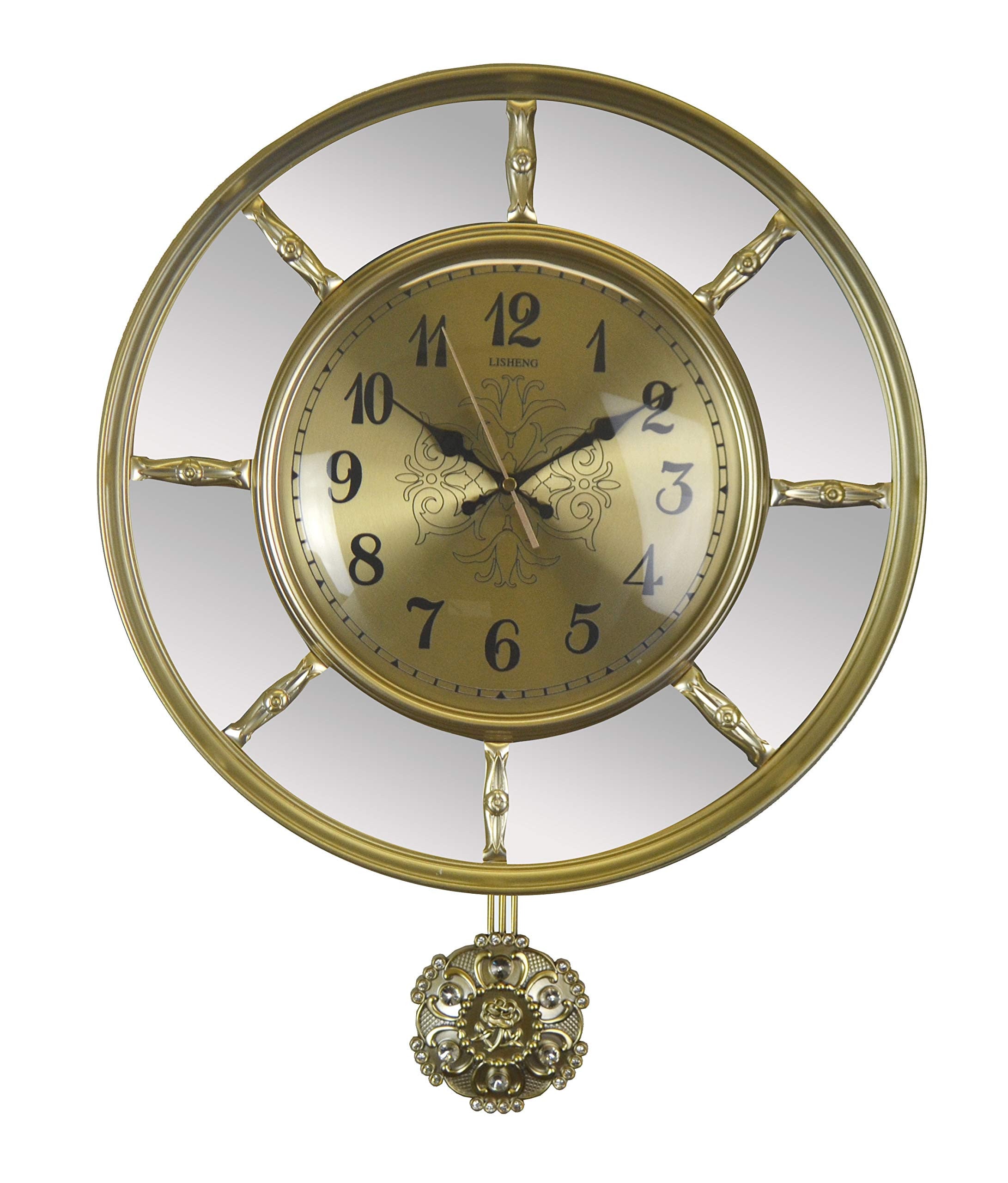 16" Gold And Silver Mirrored Glass And Resin Silent Pendulum Ornate Round Wall Clock