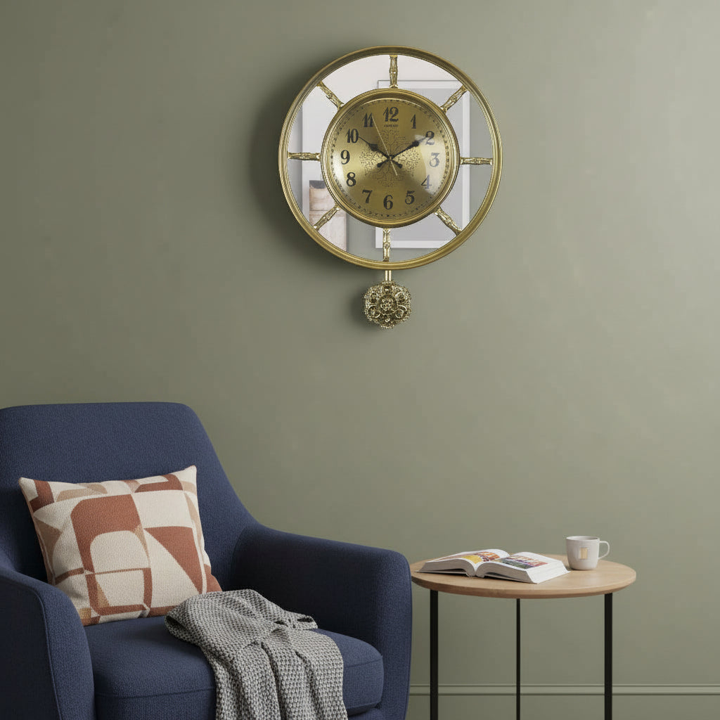 16" Gold And Silver Mirrored Glass And Resin Silent Pendulum Ornate Round Wall Clock