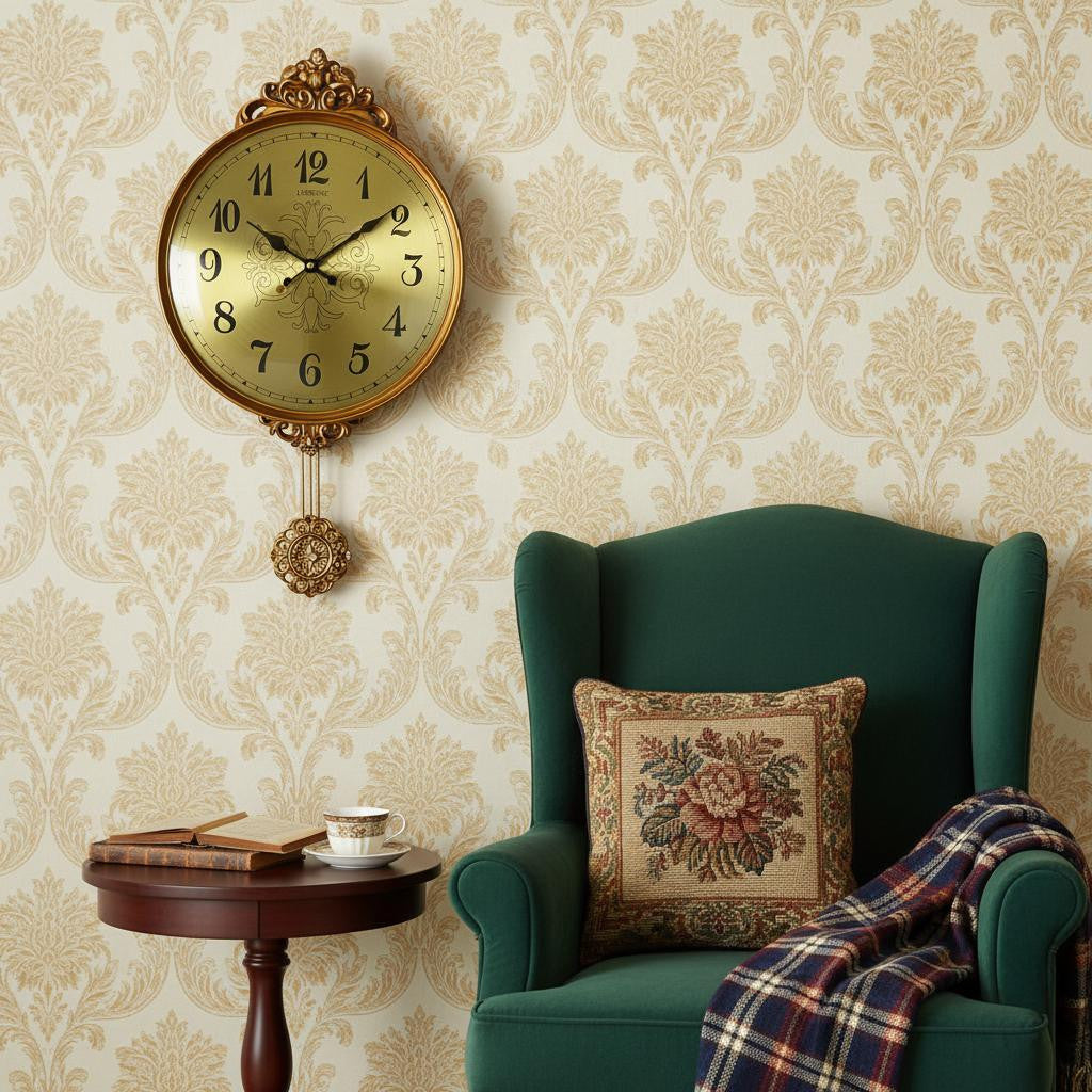 13" Gold And Black Resin Silent Pendulum Ornate Round Wall Clock