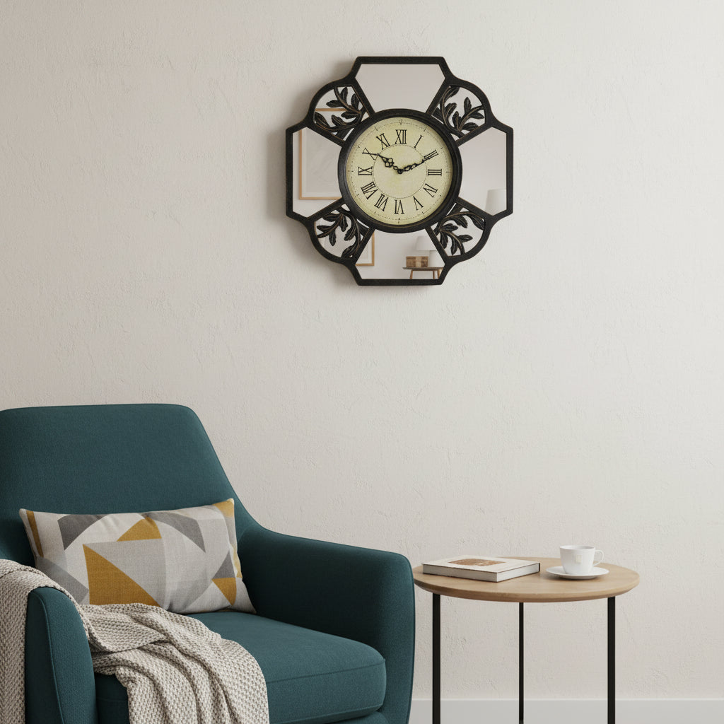 16" Black And Silver Heavy Duty Plastic Silent Analog Ornate Hexagon Wall Clock