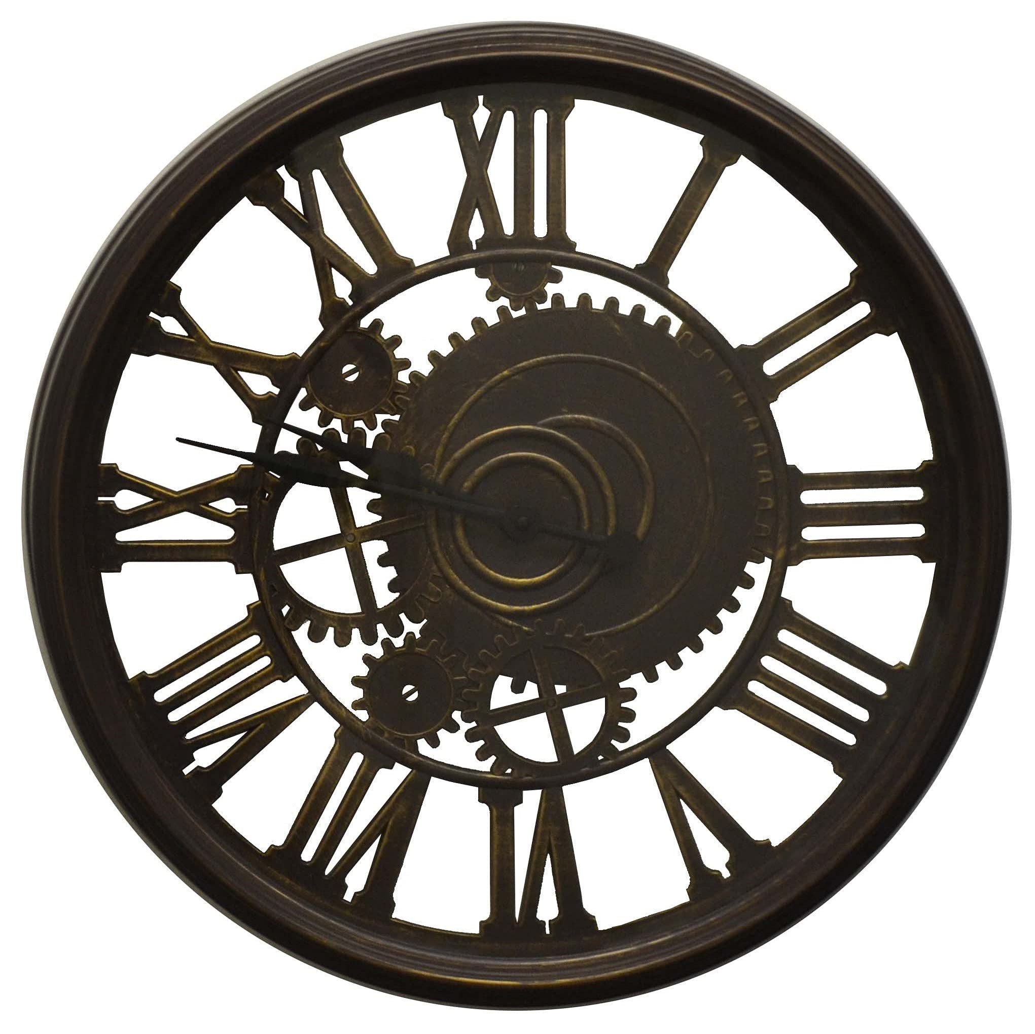 20" Antiqued Gold And Brown Heavy Duty Plastic Silent Skeleton Distressed Exposed Gear Round Wall Clock