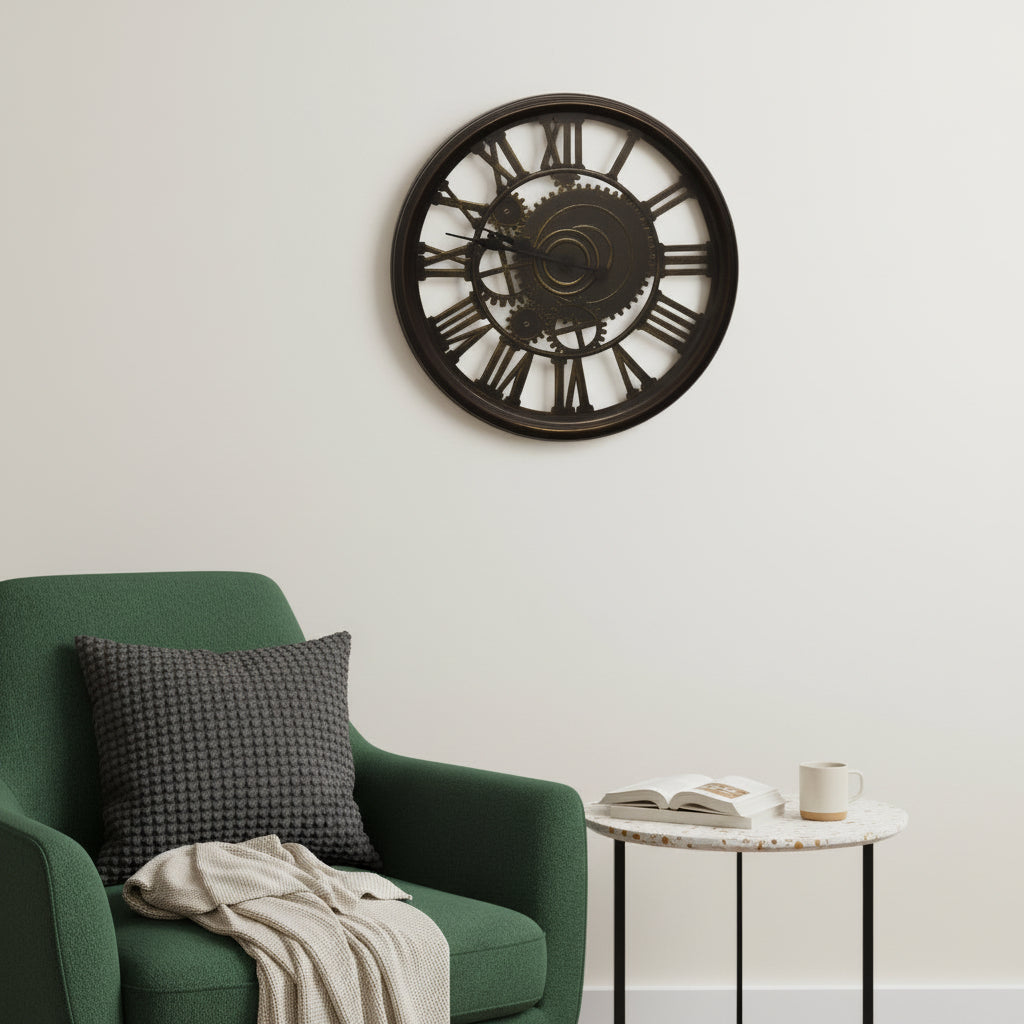 20" Antiqued Gold And Brown Heavy Duty Plastic Silent Skeleton Distressed Exposed Gear Round Wall Clock