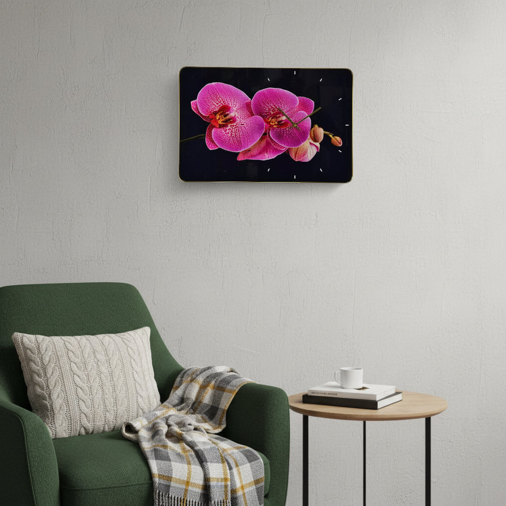 24" Pink Black And Gold Solid Wood and Acrylic Silent Orchids Floral Wall Clock