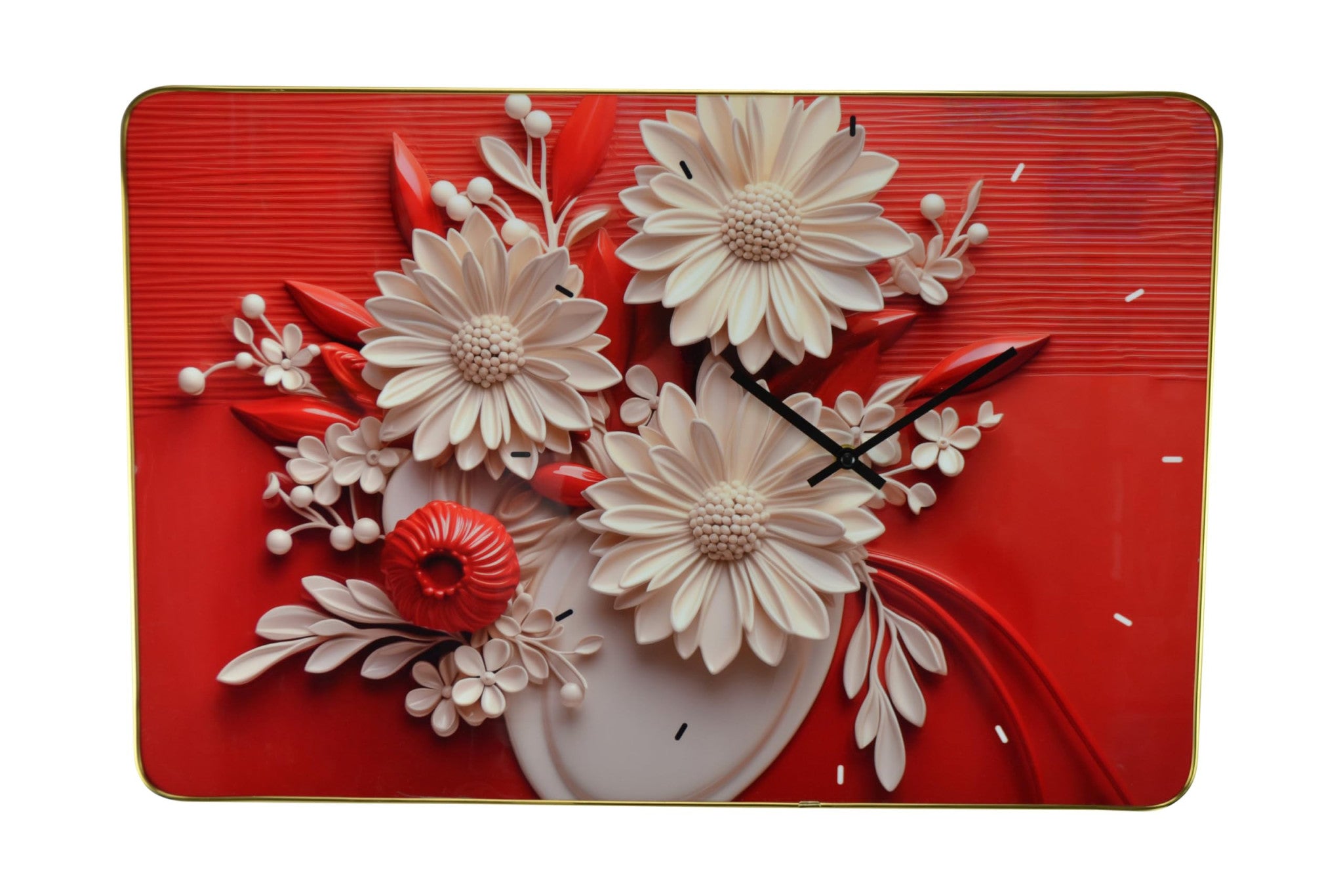 24" White Red And Black Solid Wood and Acrylic Silent Analog Floral Wall Clock