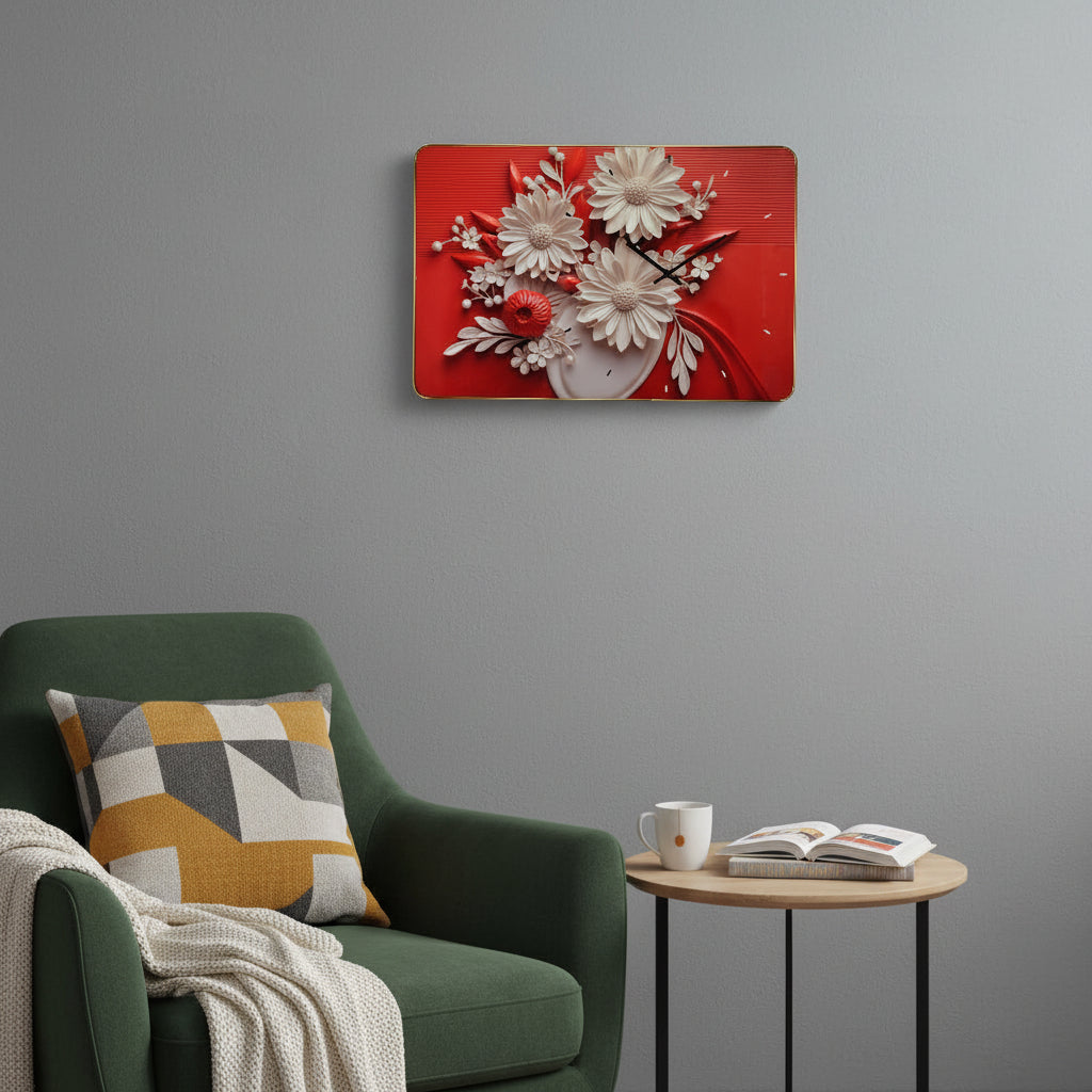 24" White Red And Black Solid Wood and Acrylic Silent Analog Floral Wall Clock