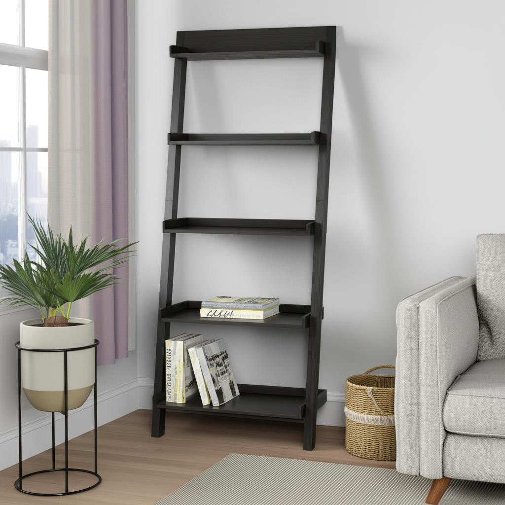 72" Espresso Wood Five Tier Ladder Bookcase