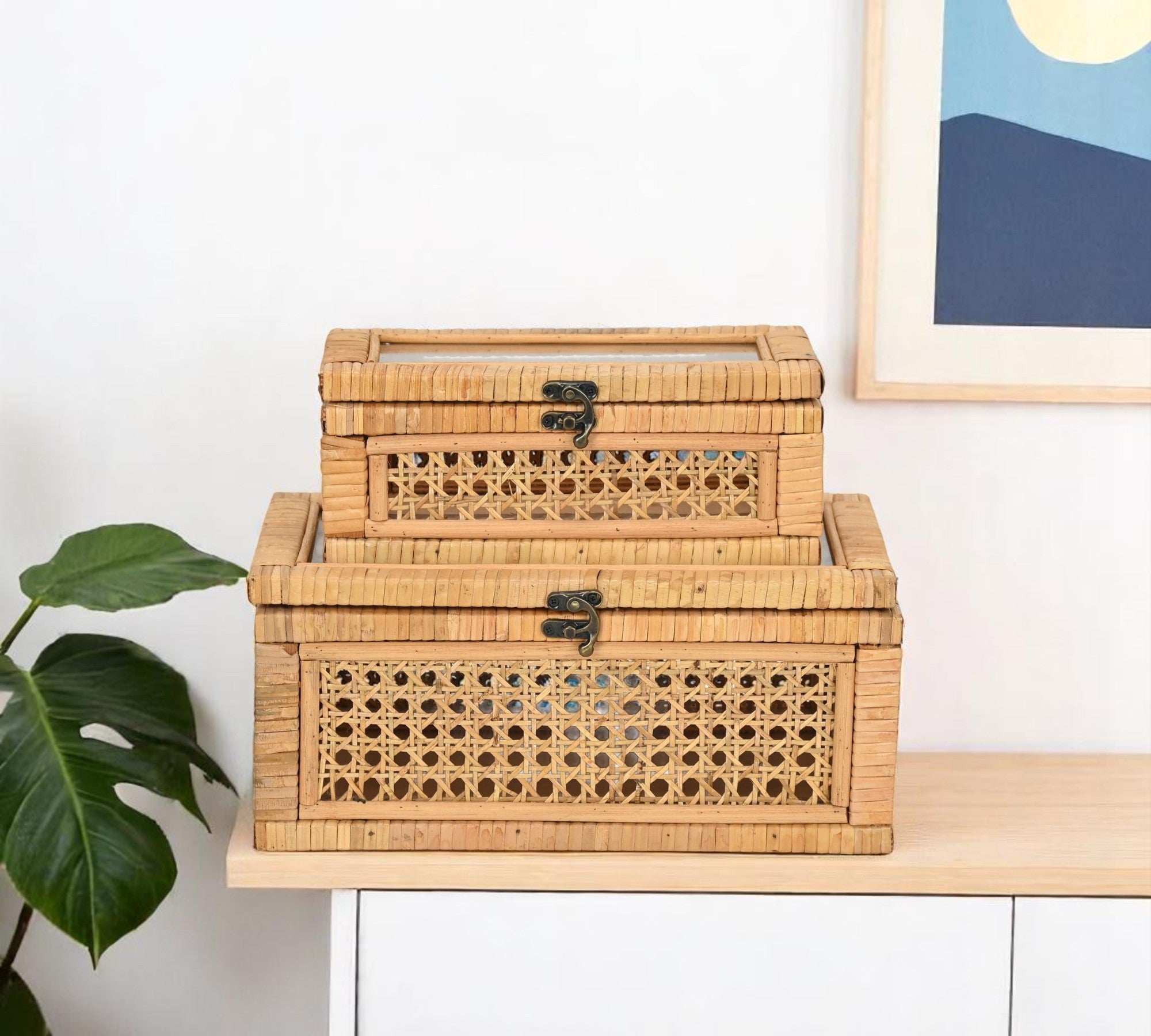 Set Of Two Natural Wood Rattan And Glass  Jewelry Boxes