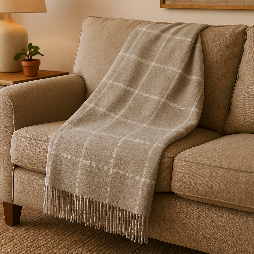 50" X 67" Sand And White Cotton Blend Woven Plaid Throw Blanket with Fringe