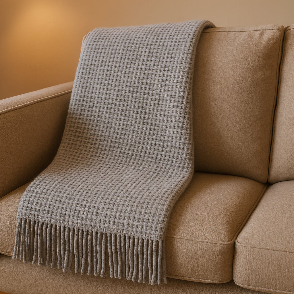 55" X 70" Light Gray Cotton Blend Waffle Weave Throw Blanket with Fringe