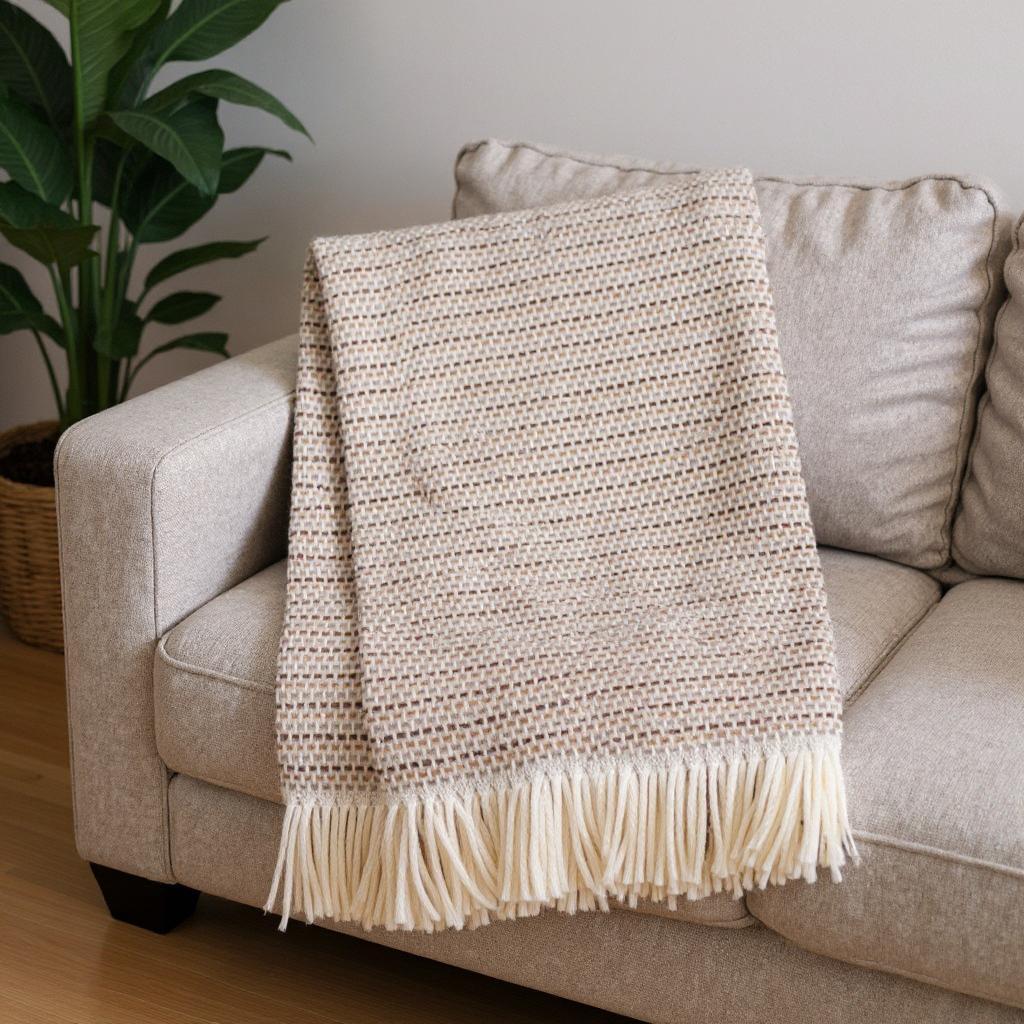 55" X 70" Camel Cotton Blend Woven Plush Throw Blanket with Fringe
