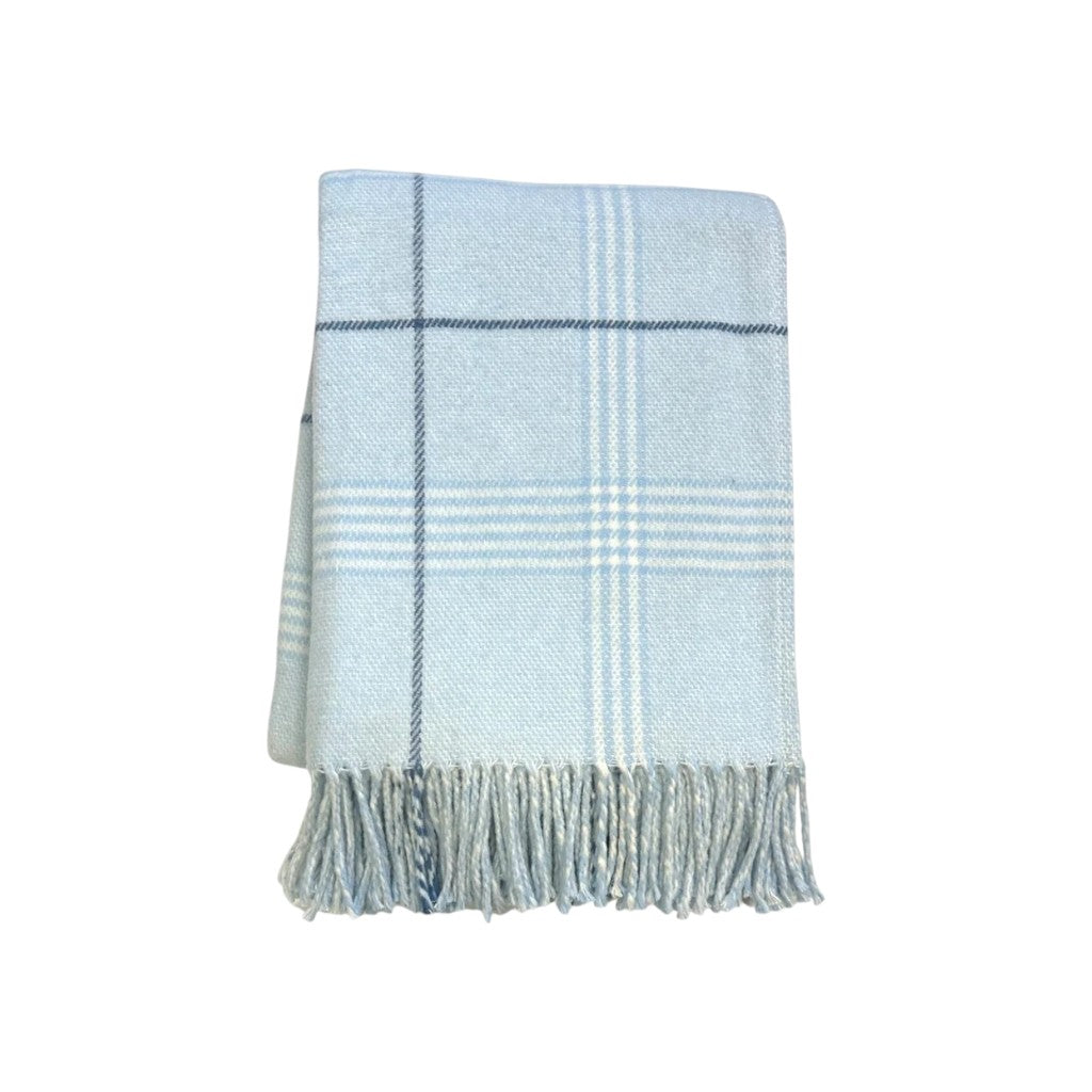 50" X 67" Sky Blue And White Plaid Cotton Blend Woven Throw Blanket with Fringe