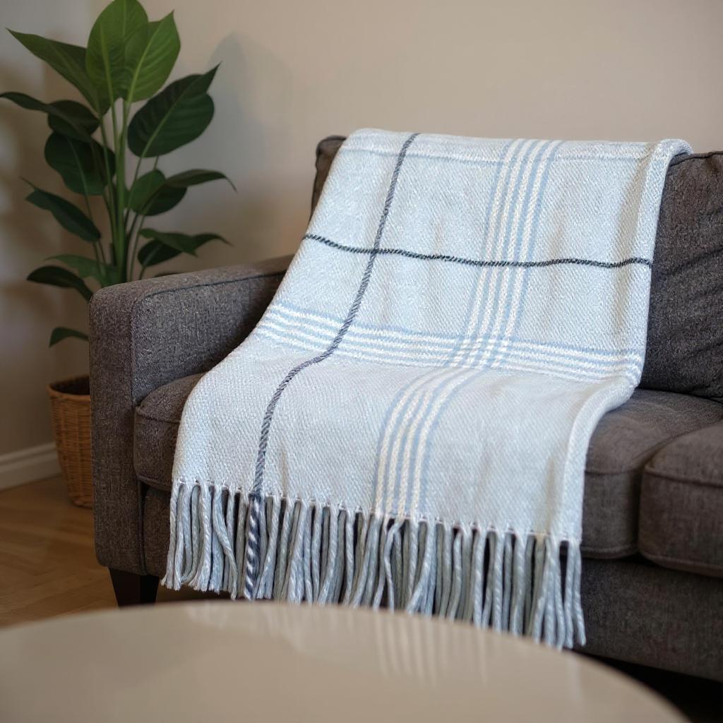 50" X 67" Sky Blue And White Plaid Cotton Blend Woven Throw Blanket with Fringe