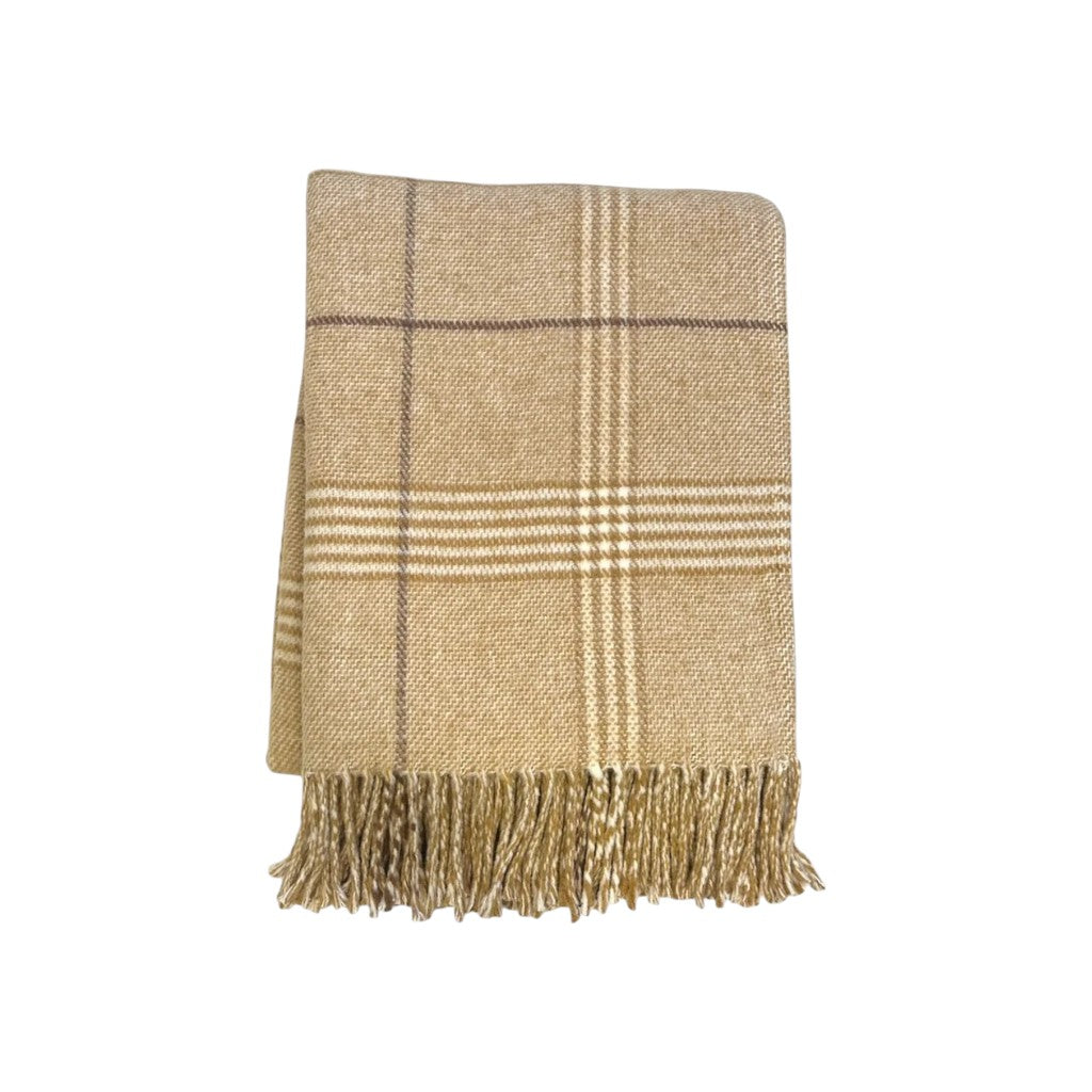 50" X 67" Stone And White Cotton Blend Woven Plaid Throw Blanket with Fringe