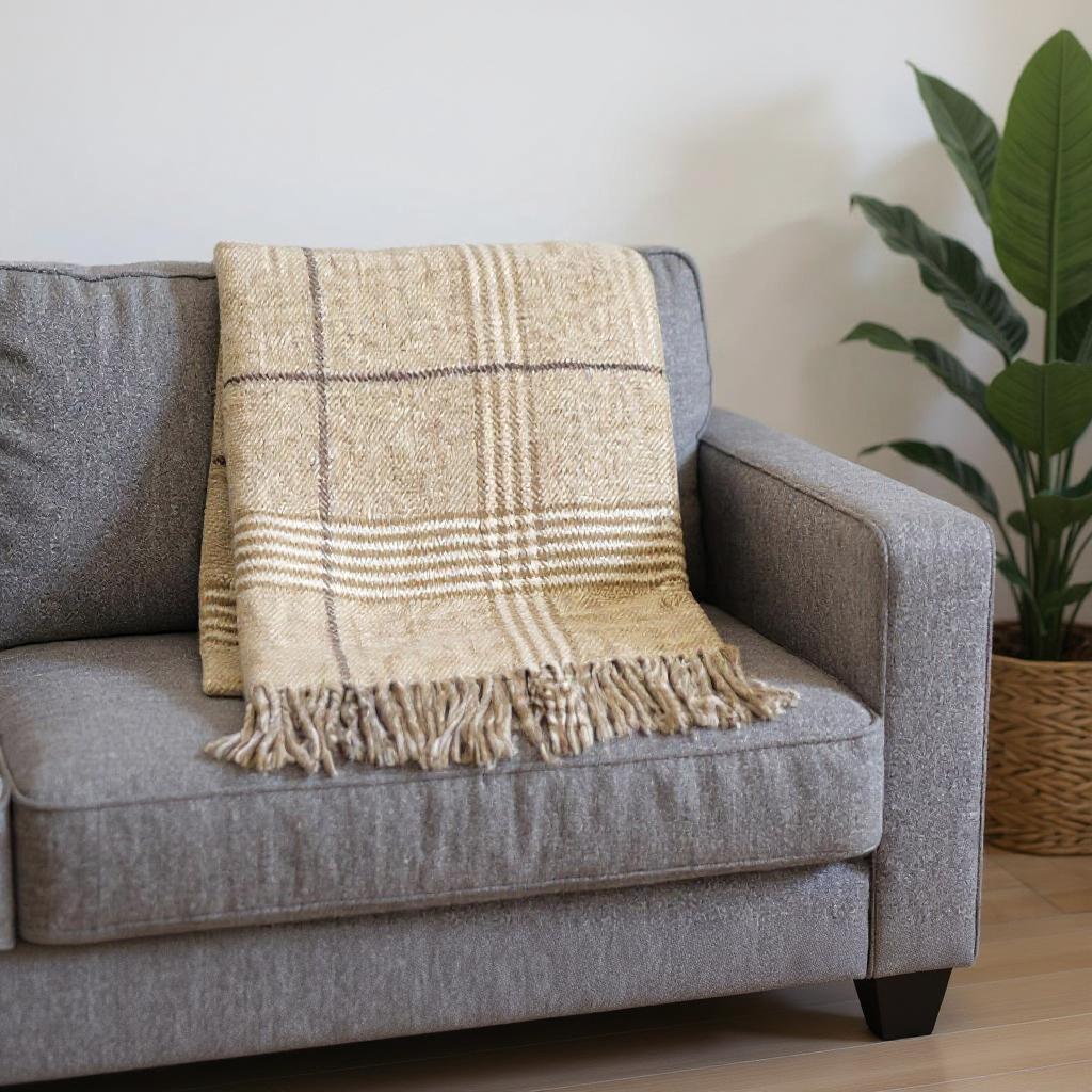 50" X 67" Stone And White Cotton Blend Woven Plaid Throw Blanket with Fringe