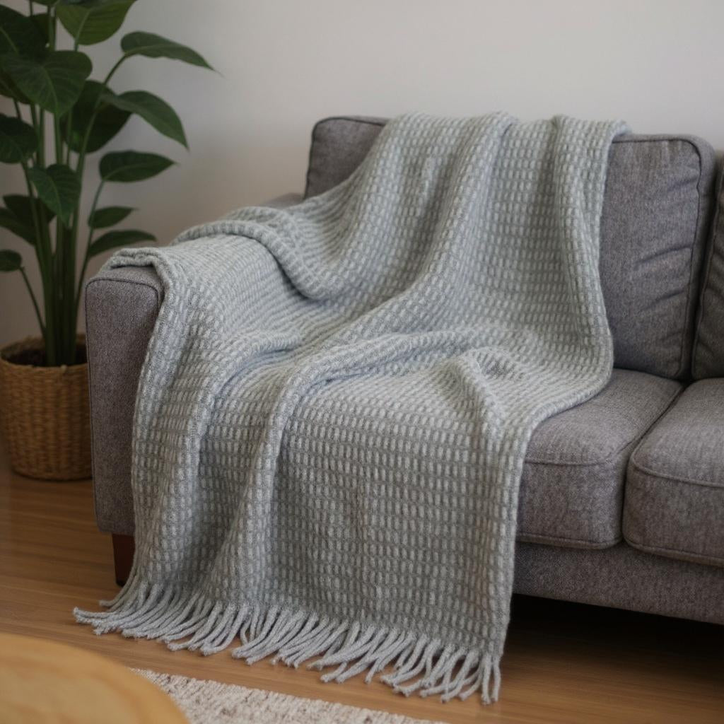 55" X 70" Sage And Gray Cotton Blend Woven Checkered Plush Throw Blanket with Fringe