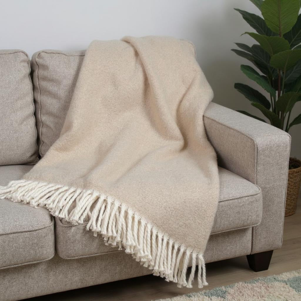 55" X 70" Linen And White Cotton Blend Woven Chevron Plush Throw Blanket with Fringe