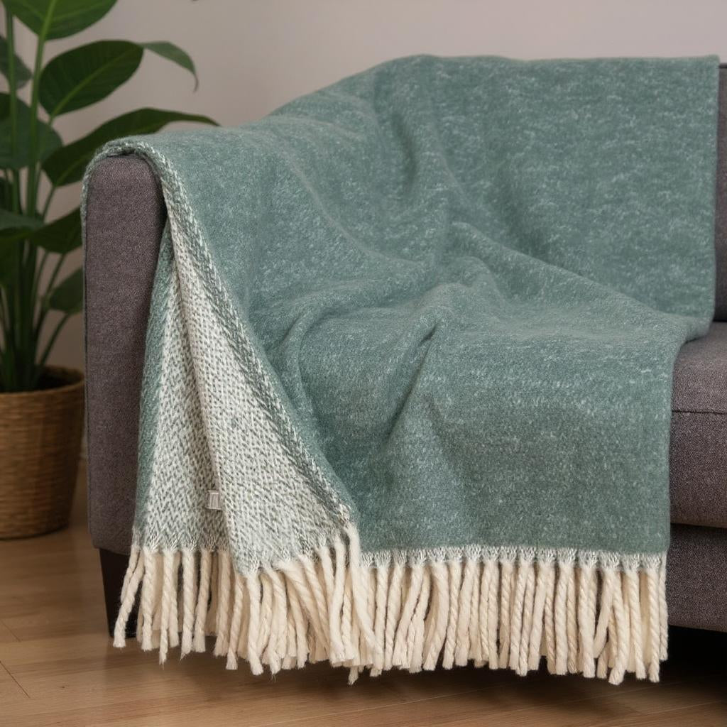 55" X 70" Sage And White Cotton Blend Woven Chevron Plush Throw Blanket with Fringe