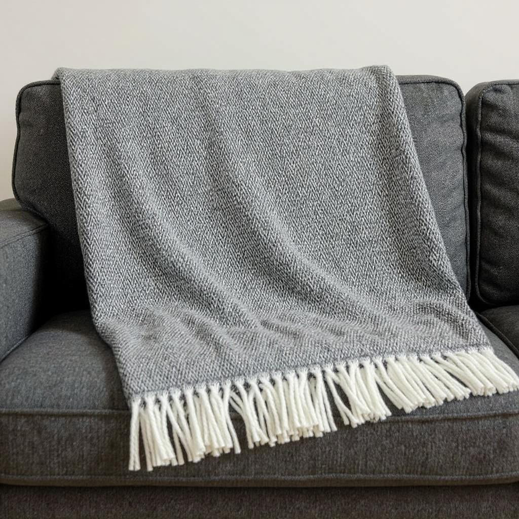 55" X 70" Dark Gray And White Cotton Blend Woven Herringbone Plush Throw Blanket with Fringe