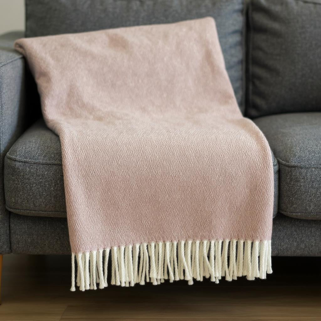55" X 70" Dusty Rose And White Cotton Blend Woven Herringbone Plush Throw Blanket with Fringe