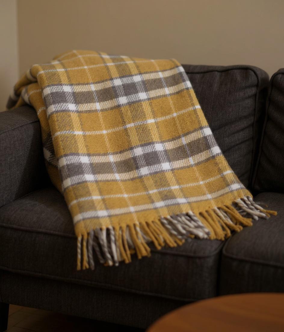 55" X 70" Gold And Brown Cotton Blend Woven Plaid Plush Throw Blanket with Fringe