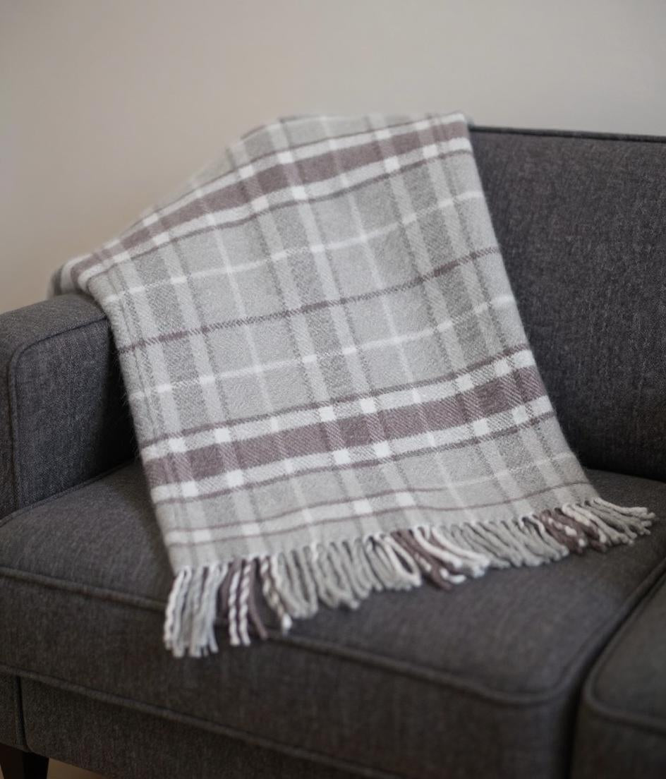 55" X 70" Light Gray And Brown Cotton Blend Woven Plaid Plush Throw Blanket with Fringe