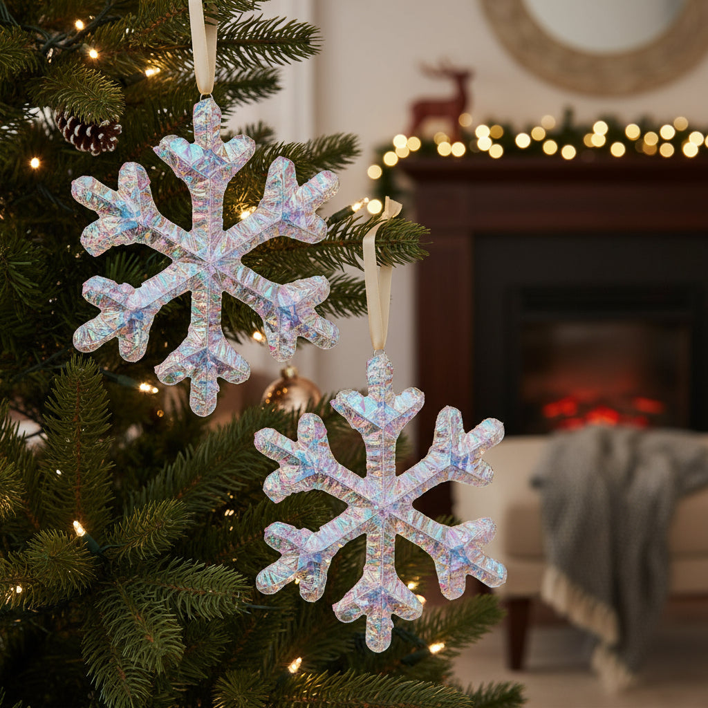 Set of Two White Iridescent LED Lighted Holiday Snowflake Christmas Ornaments