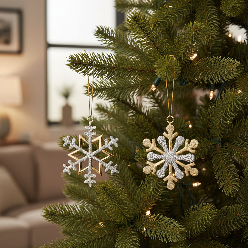 Set of Two Gold And Silver Metal Snowflake Shaped Ornaments