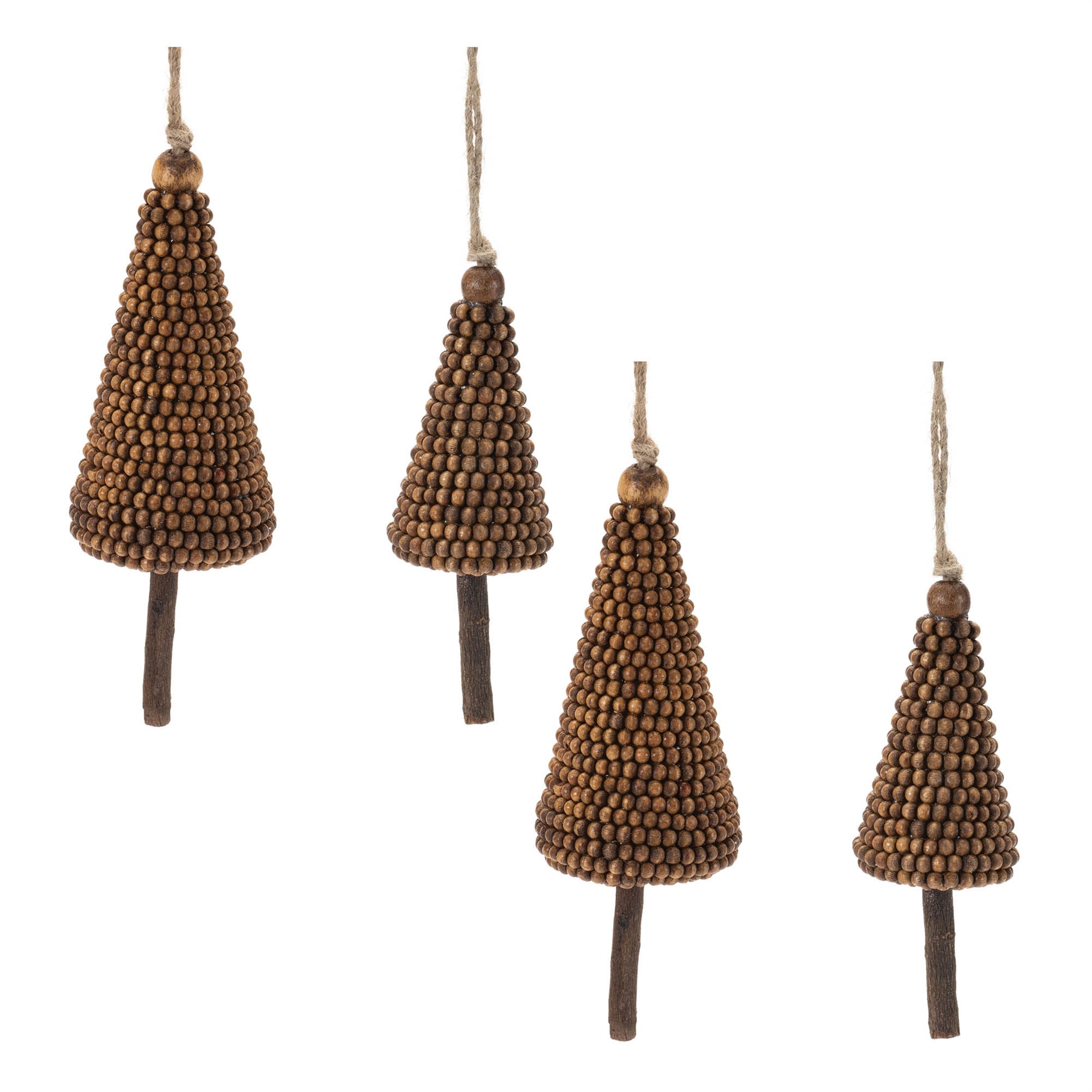 Set of Four Brown Wood Christmas Tree Shaped Ornaments