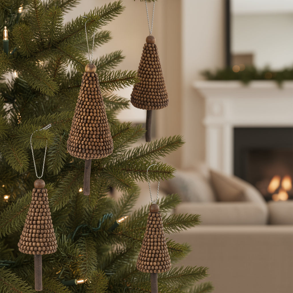 Set of Four Brown Wood Christmas Tree Shaped Ornaments