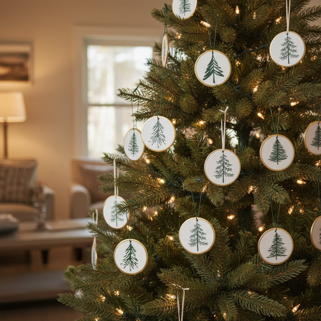 Set of Twelve White Green And Gold Ceramic Hanging Figurine Ornaments