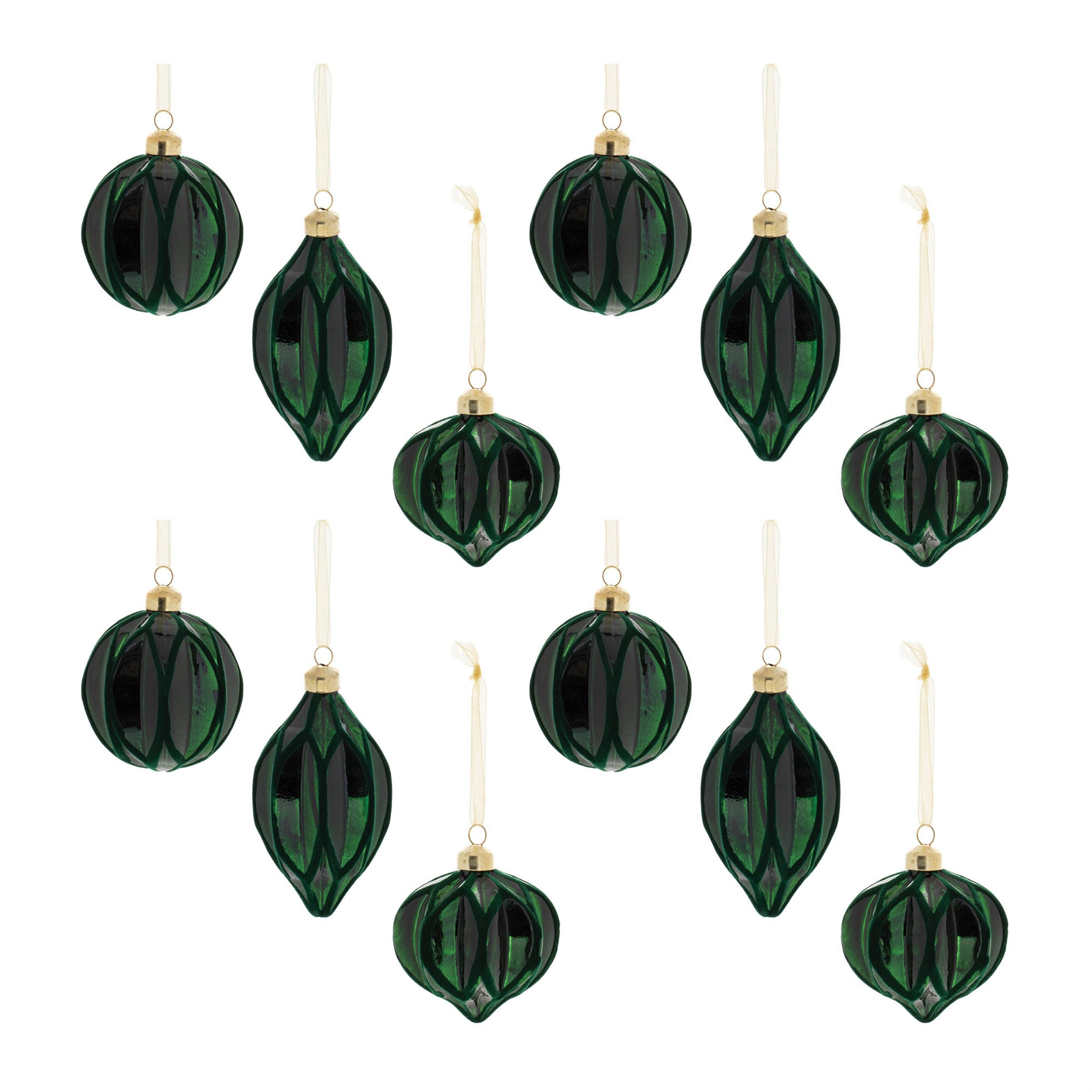 Set of Twelve Green Glass Hanging Figurine Ornaments