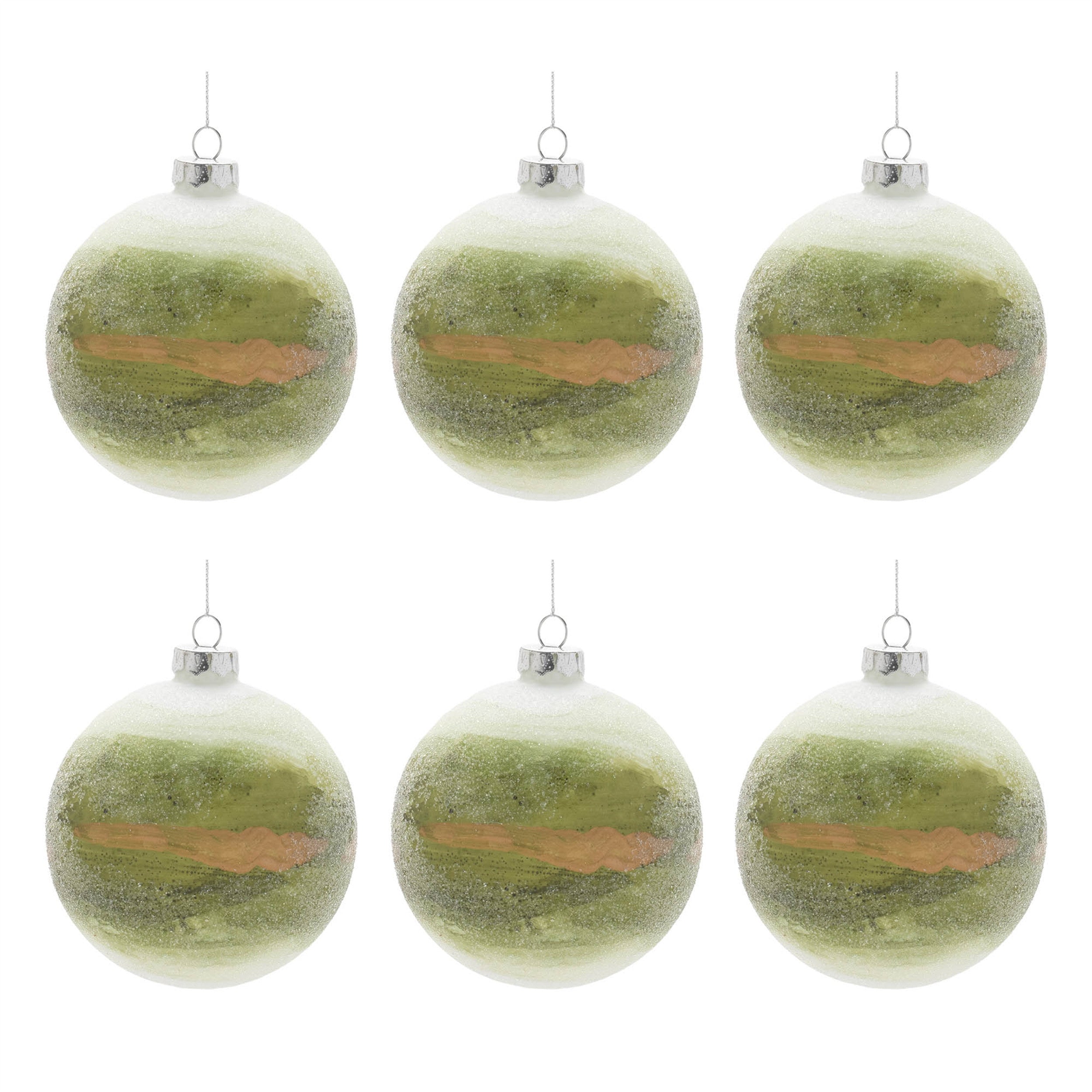 Set of Six Green And Gold Glass Ball Ornaments