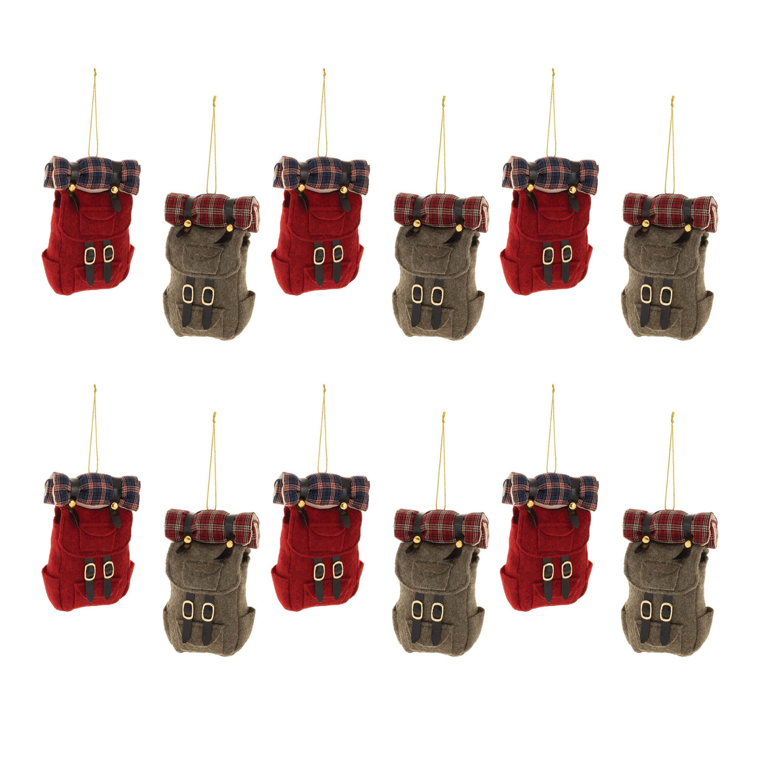 Set of Twelve Red Green And Brown Shatterproof Hanging Figurine Ornaments