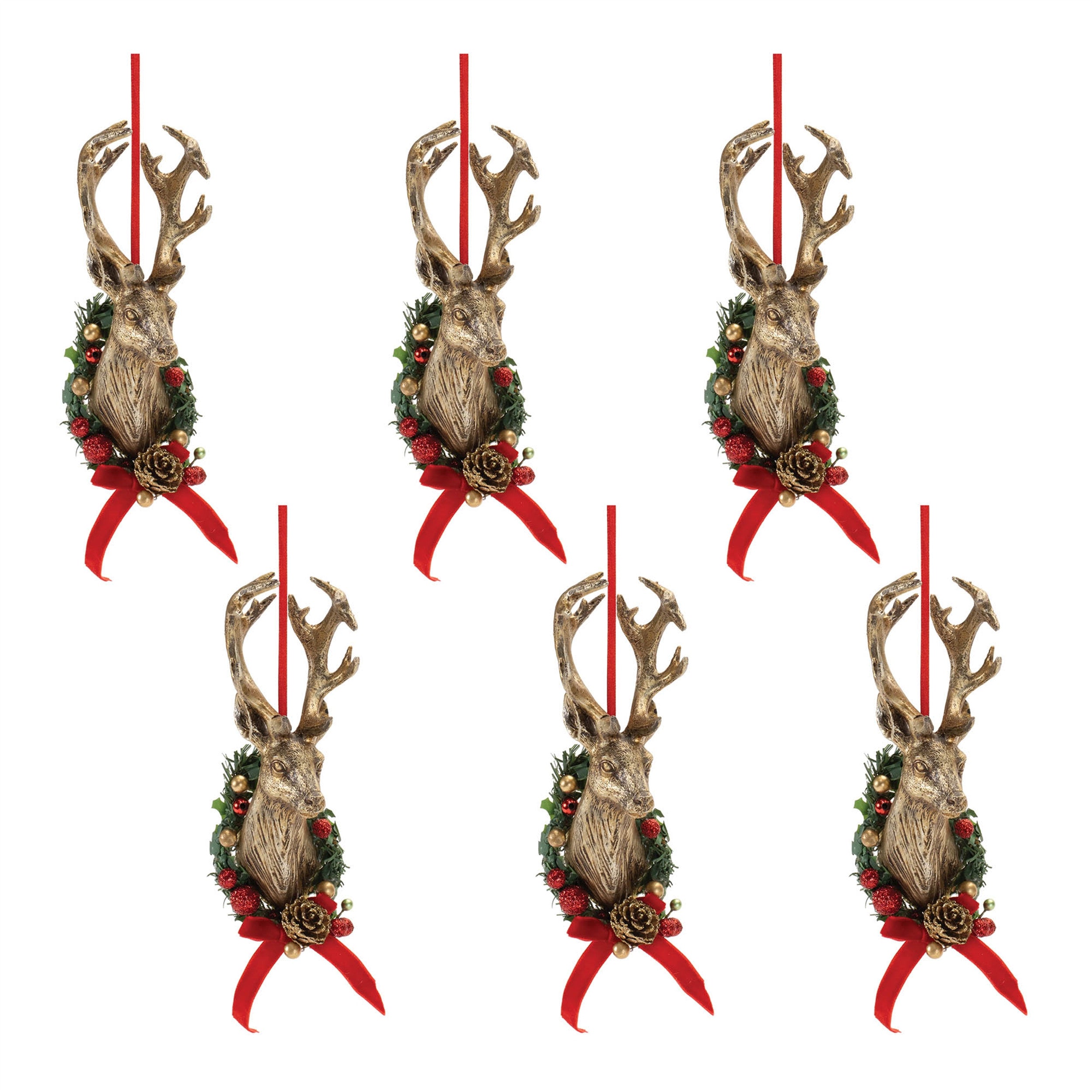 Set of Six Brown Red And Green Resin Hanging Figurine Ornaments