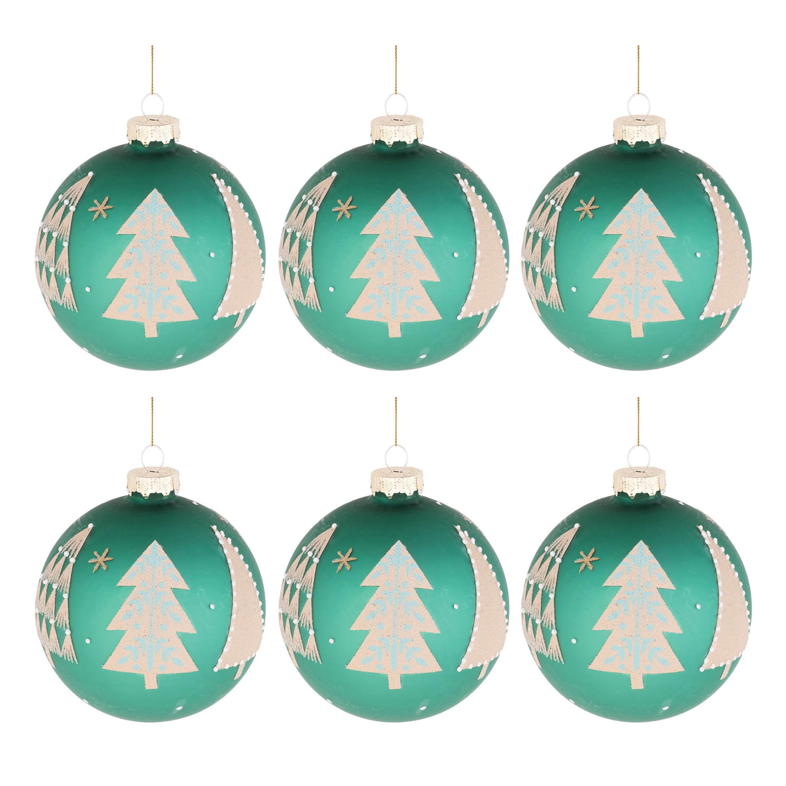 Set of Six Green And White Glass Ball Ornaments