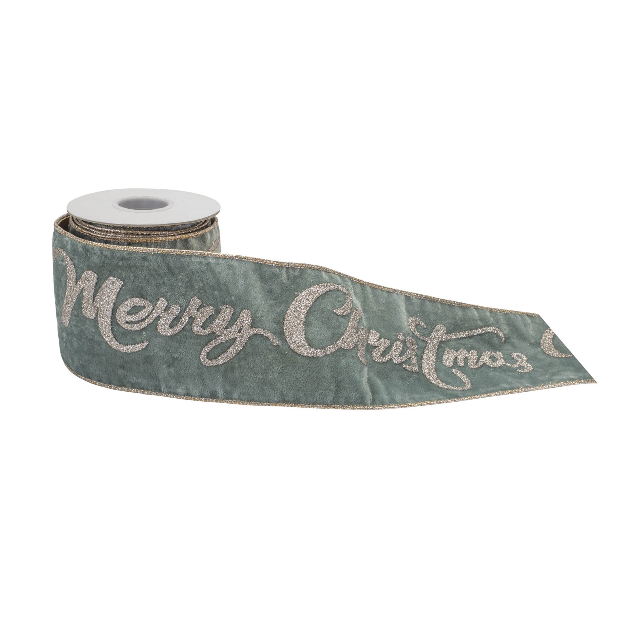 4" Green And Gold Glittered Merry Christmas Wired Ribbon