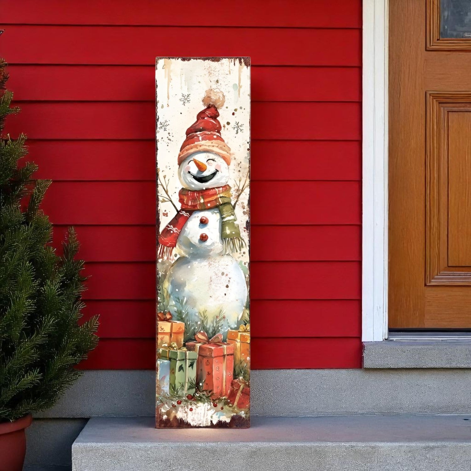 36" Red And White Christmas Santa and Snowman Solid Wood Reversible Porch Sign