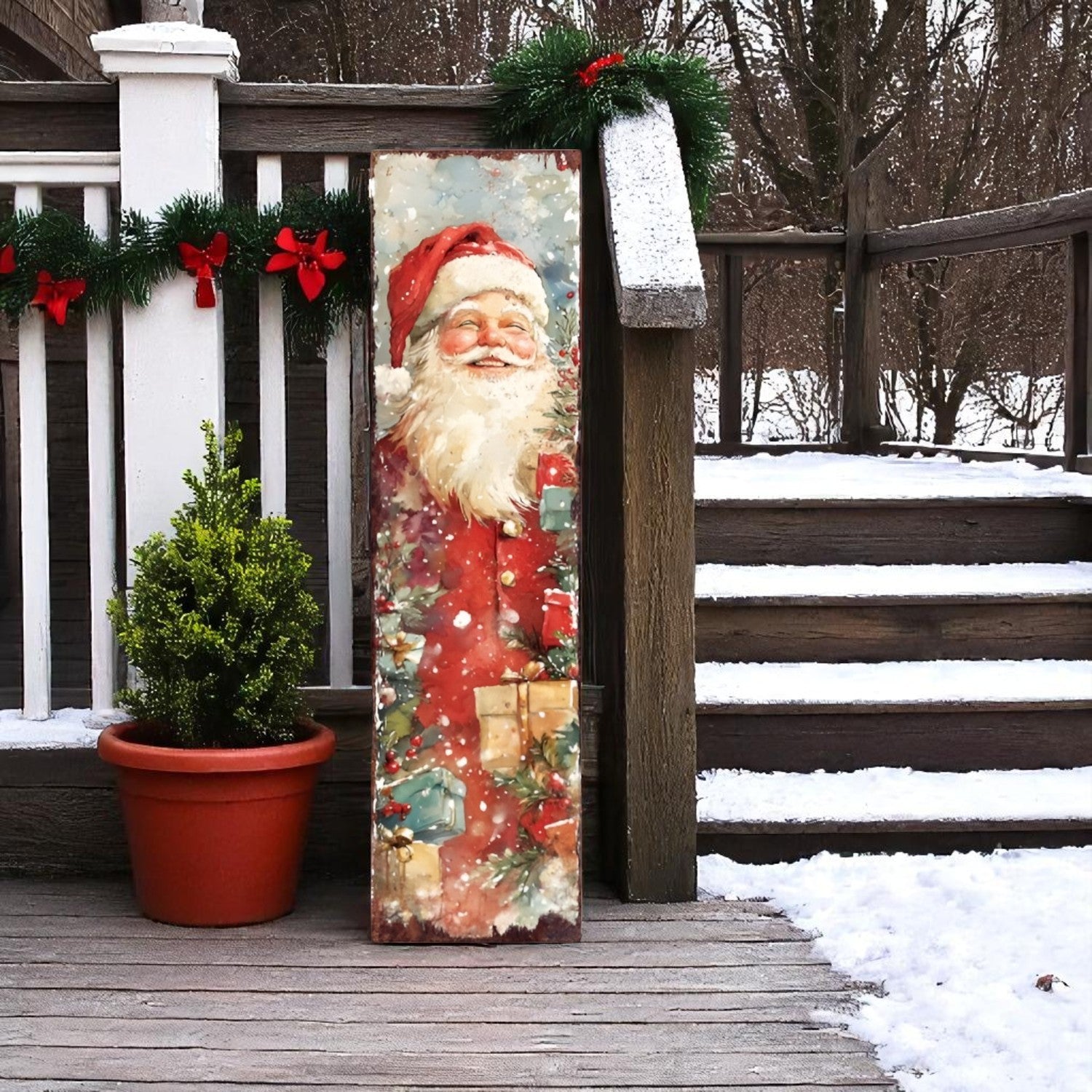 36" Red And White Christmas Santa and Snowman Solid Wood Reversible Porch Sign