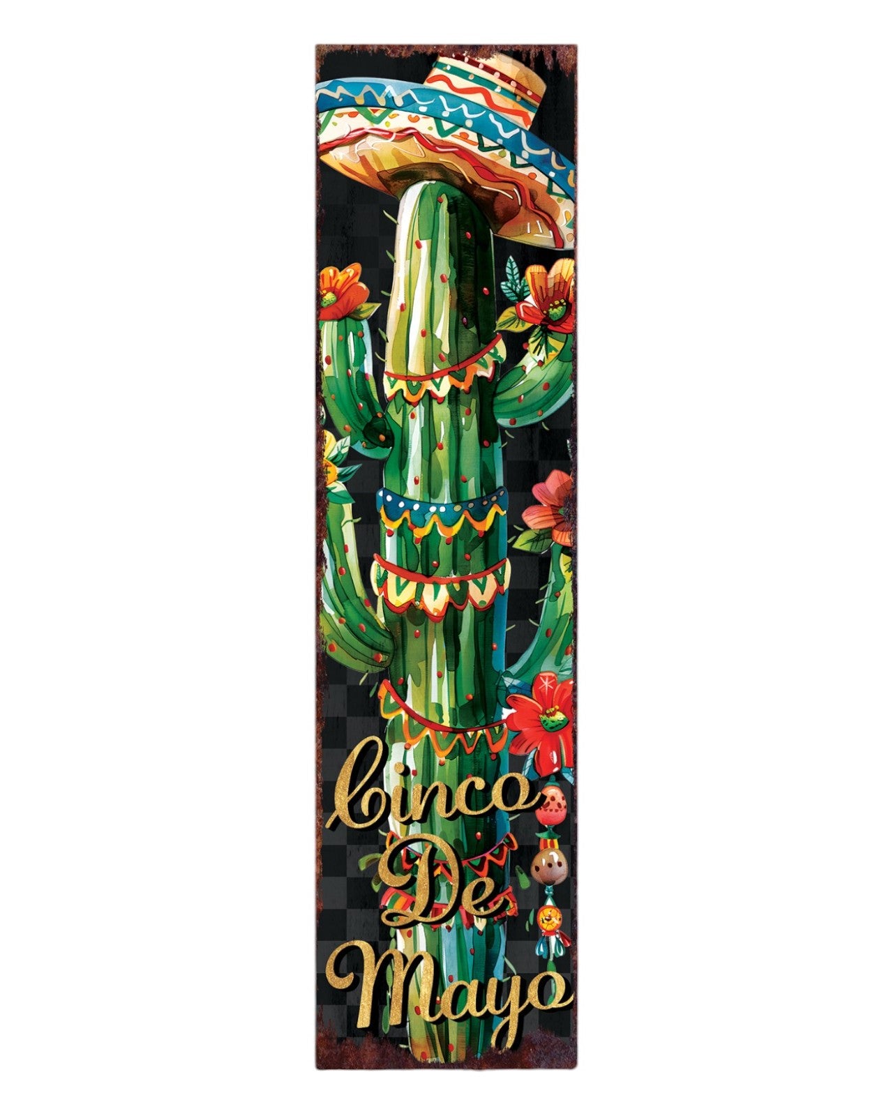 36" Black And Green Cinco De Mayo Cactus Solid Wood Porch Sign