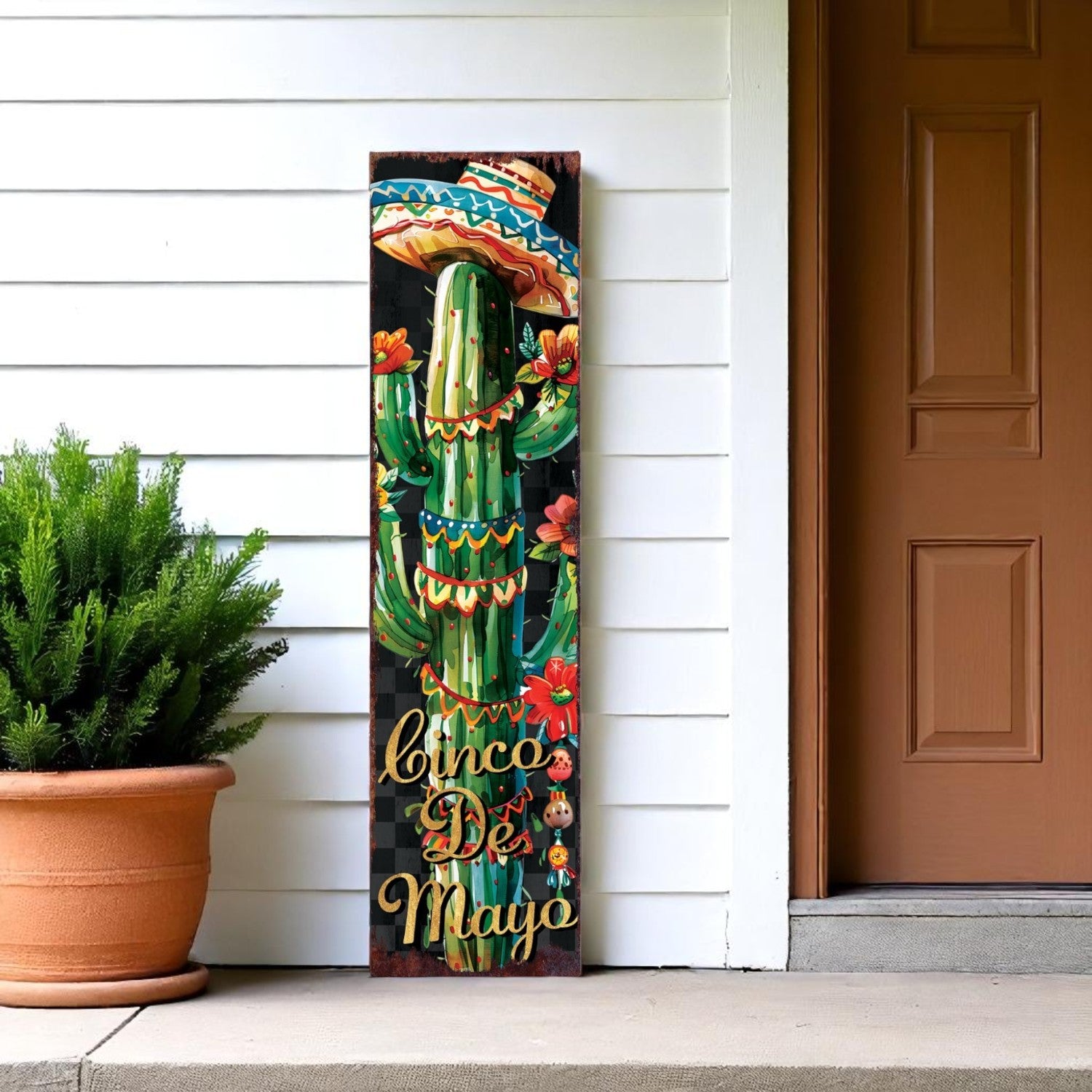 36" Black And Green Cinco De Mayo Cactus Solid Wood Porch Sign