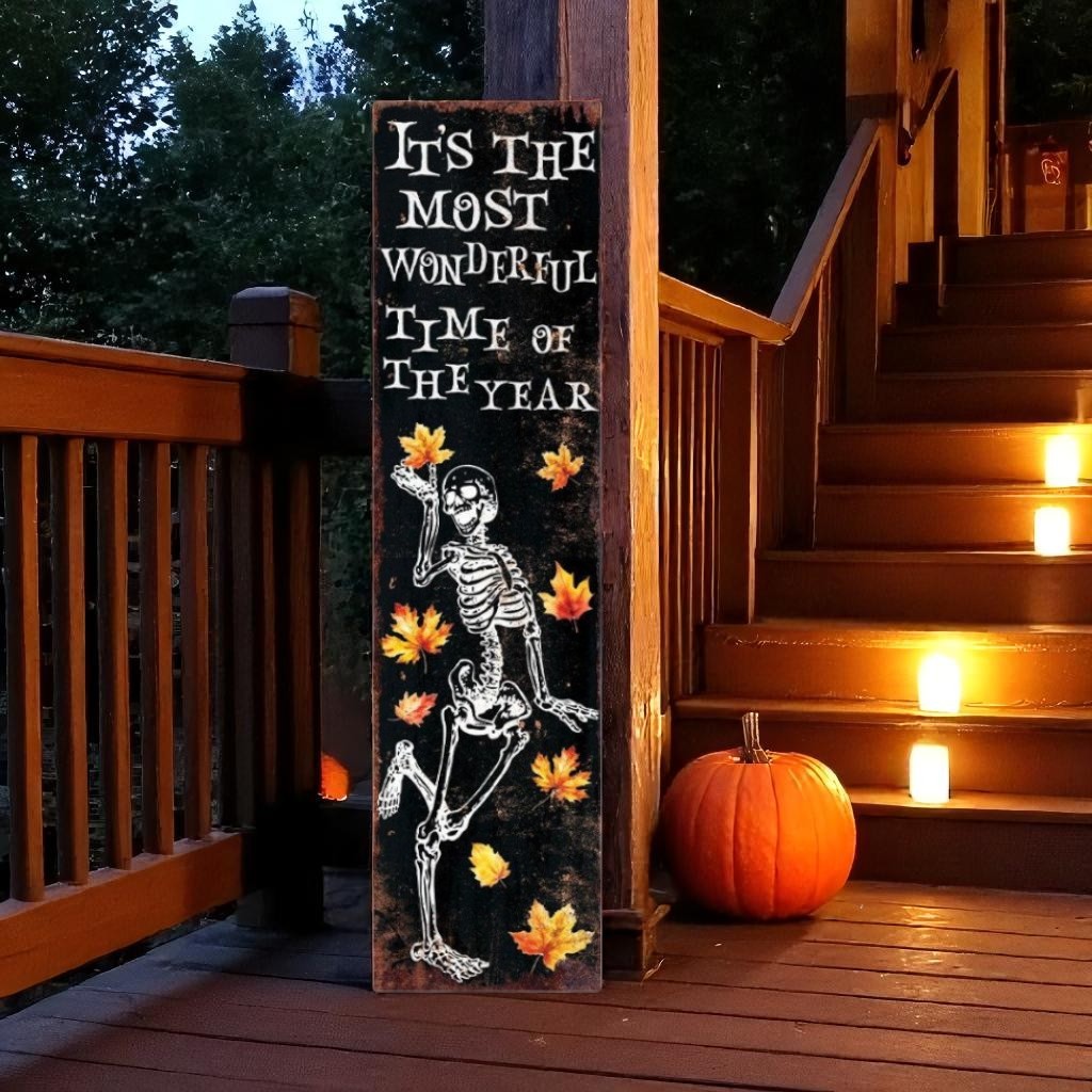 36" Black Gold And Orange Halloween Skeleton Solid Wood Porch Sign