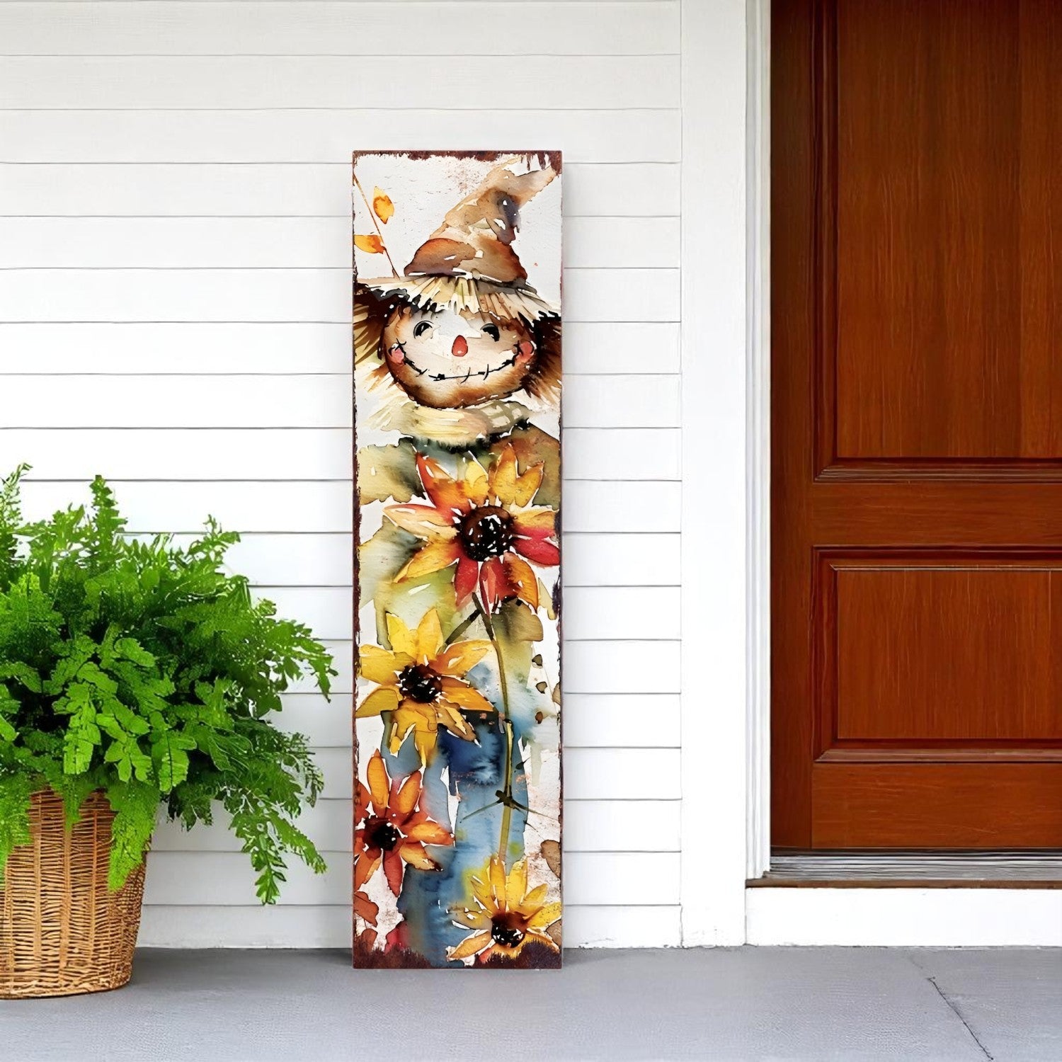 36" Brown White And Yellow Scarecrow Solid Wood Porch Sign