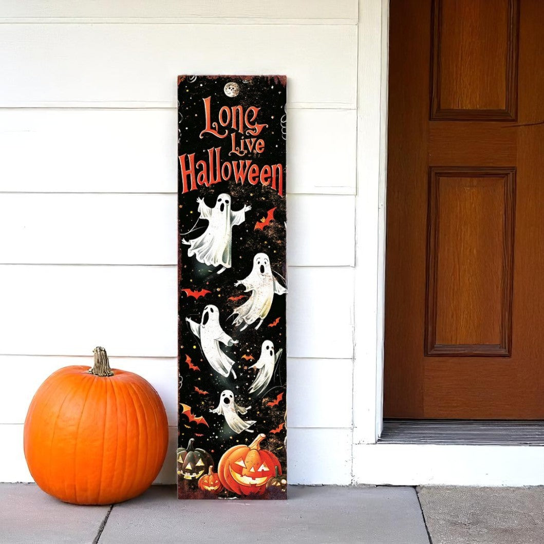 36" Black Orange And White Halloween Ghost Solid Wood Porch Sign