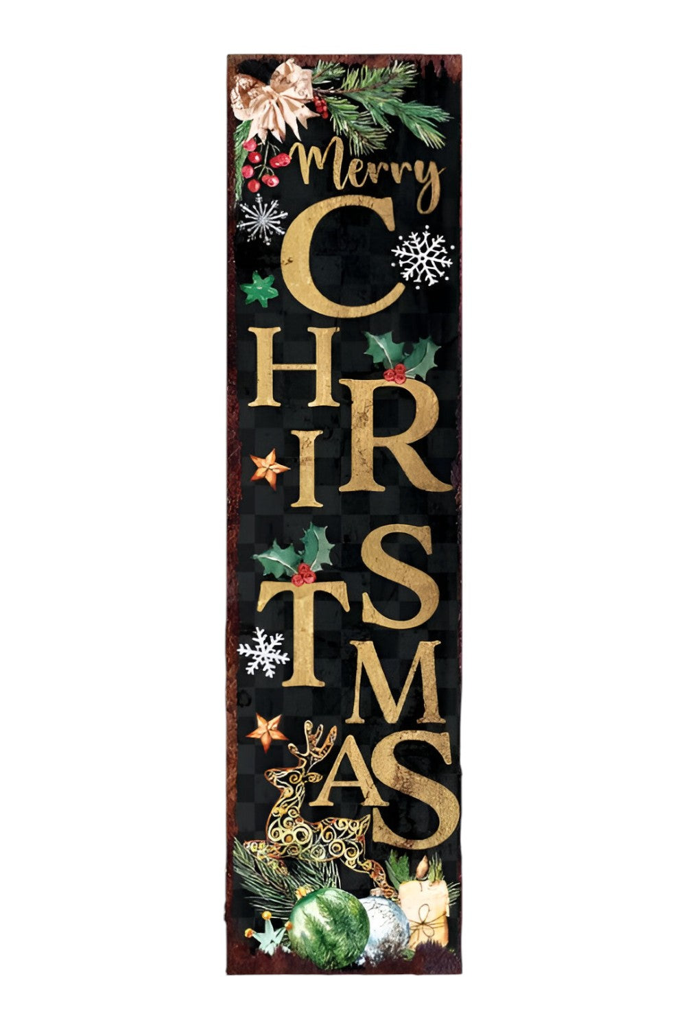 36" Black And Gold Merry Christmas Reindeer Solid Wood Porch Sign