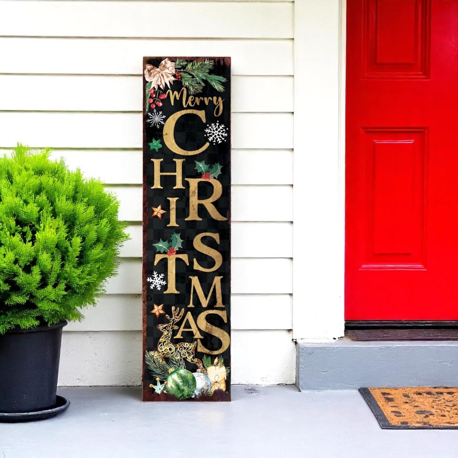 36" Black And Gold Merry Christmas Reindeer Solid Wood Porch Sign