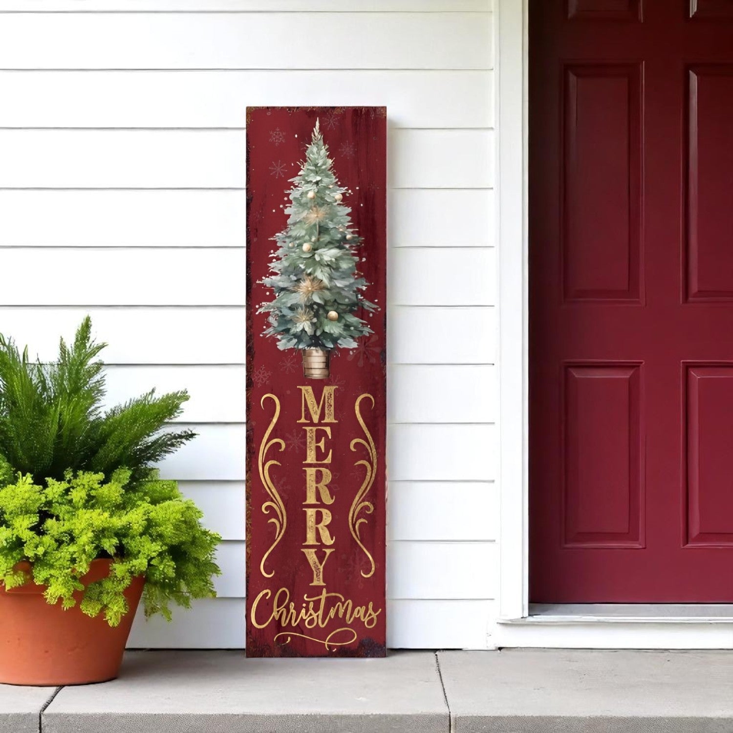 36" Red and Green Merry Christmas Christmas Tree Solid Wood Porch Sign