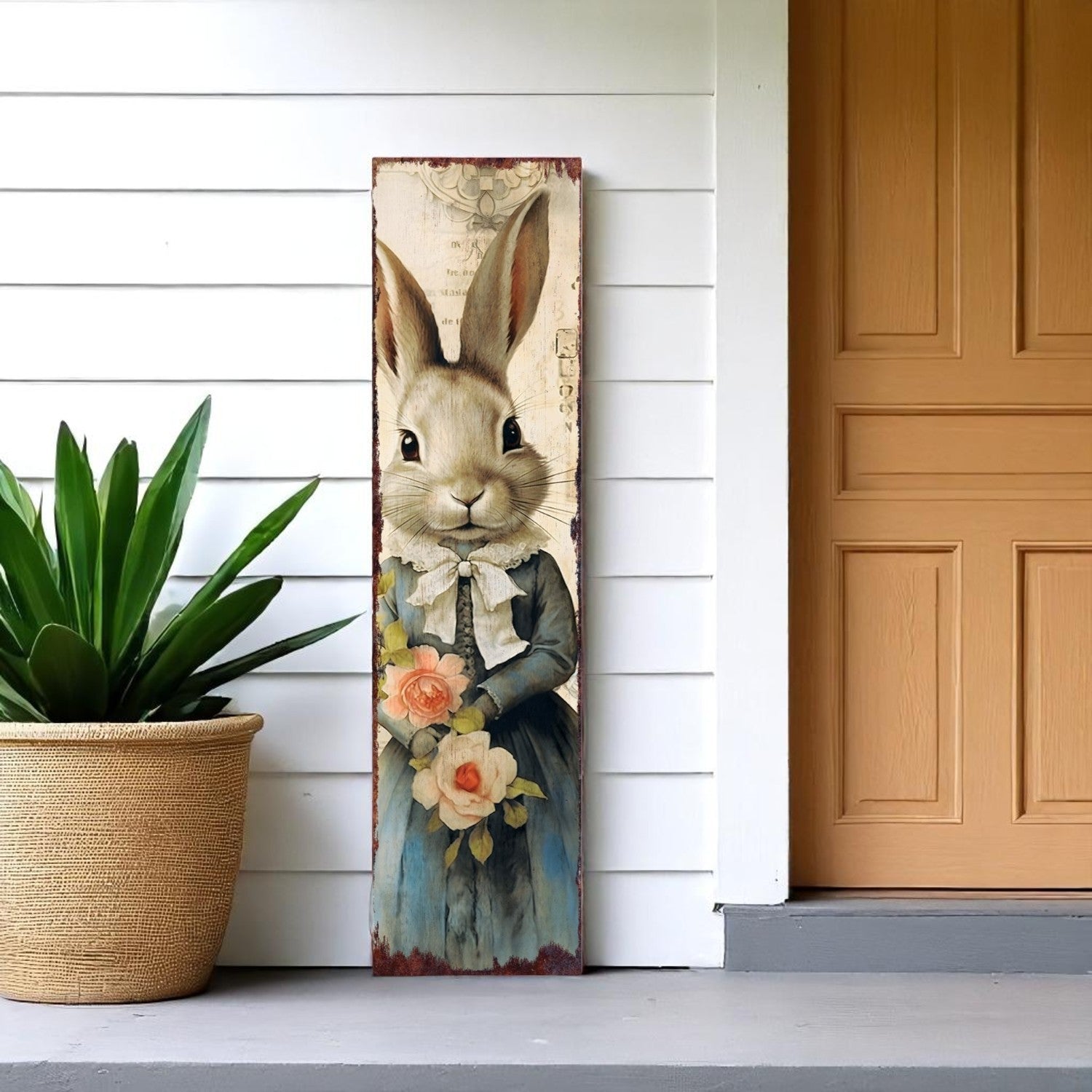 36" Off White And Blue Happy Easter Easter Bunny Solid Wood Porch Sign